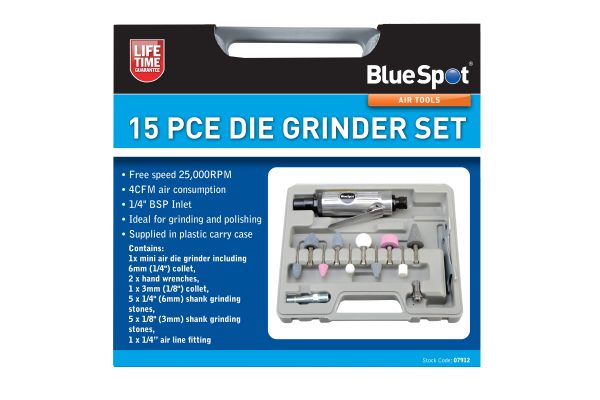 BlueSpot Air Die Grinder Set 15pc 25000RPM 90PSI 1/4″ BSP Grind Polish Case