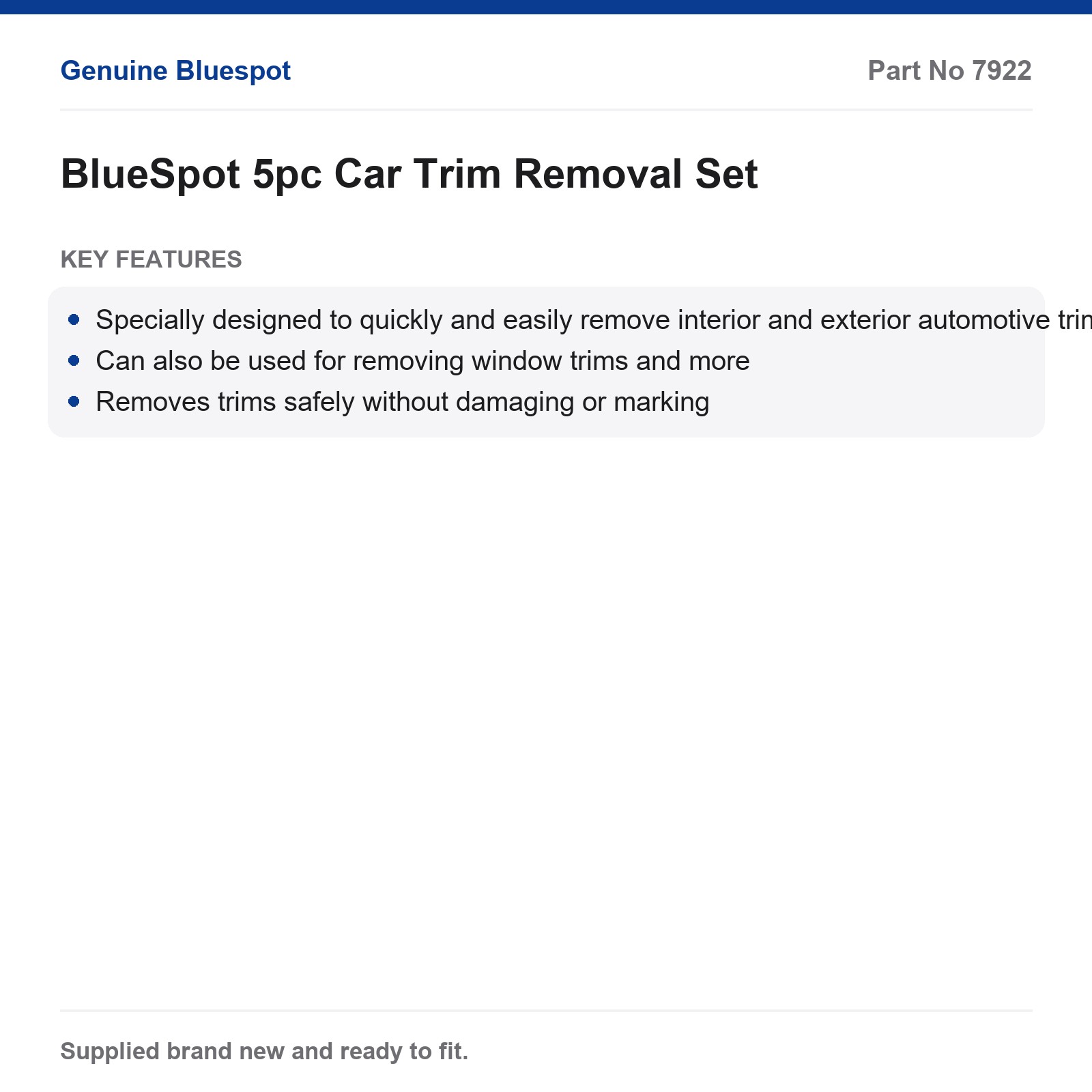 BlueSpot 5pc Trim Removal Tool Set Automotive Interior Exterior Window - Image 3