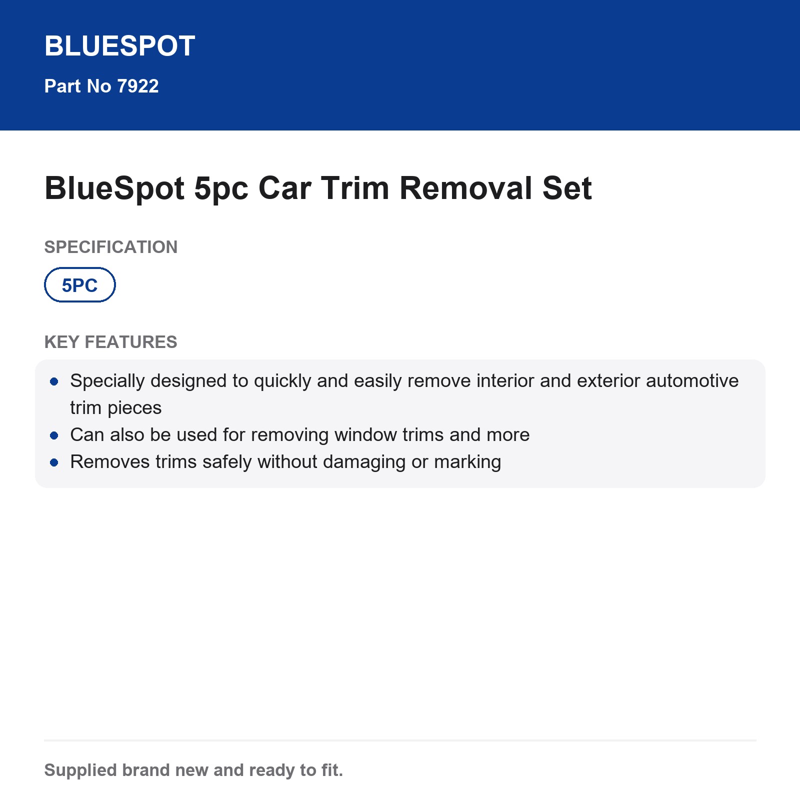 BlueSpot 5pc Trim Removal Tool Set Automotive Interior Exterior Window - Image 4