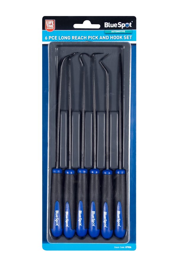 BlueSpot 6pc Long Reach Pick Hook Set O-Ring Seal Tool Carbon Steel Soft Grip