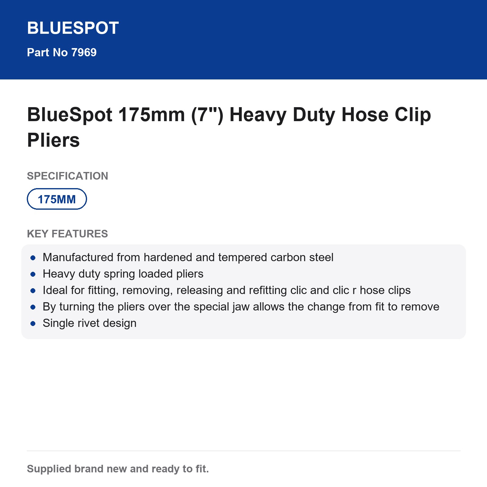 BlueSpot 175mm 7" Heavy Duty Spring Loaded Clic R Hose Clip Pliers - Image 4