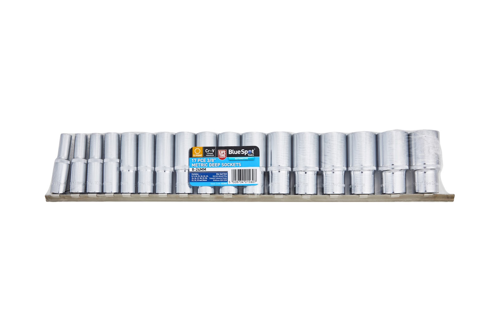 BlueSpot 17pc 3/8″ Metric Deep Sockets 8-24mm Chrome Vanadium 12pt Knurled