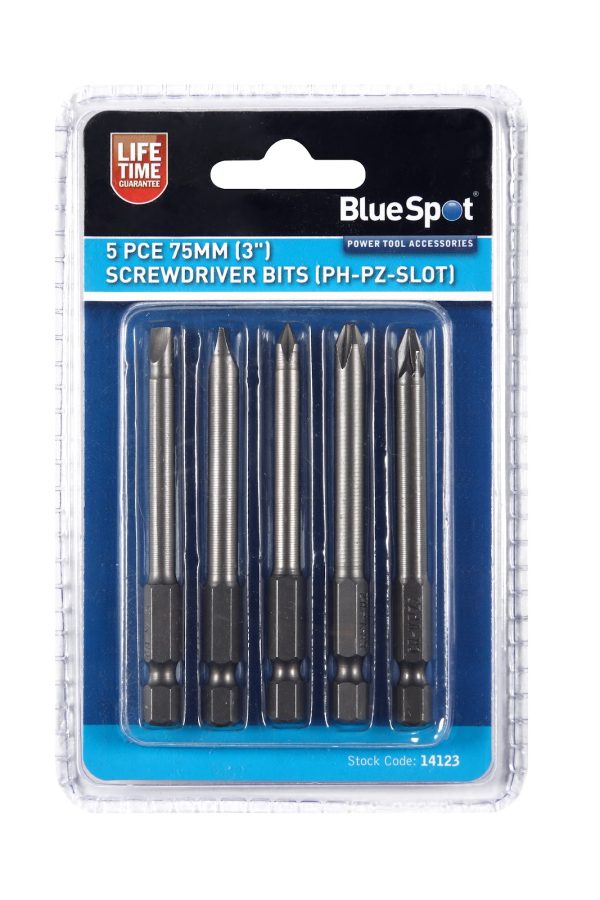BlueSpot 5pc 75mm (3″) Screwdriver Bits (PH-PZ Slot)