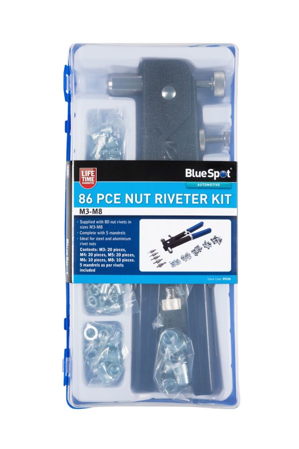 BlueSpot 86pc Nut Riveter Kit M3-M8 Steel Aluminium Rivet Nuts 5 Mandrels