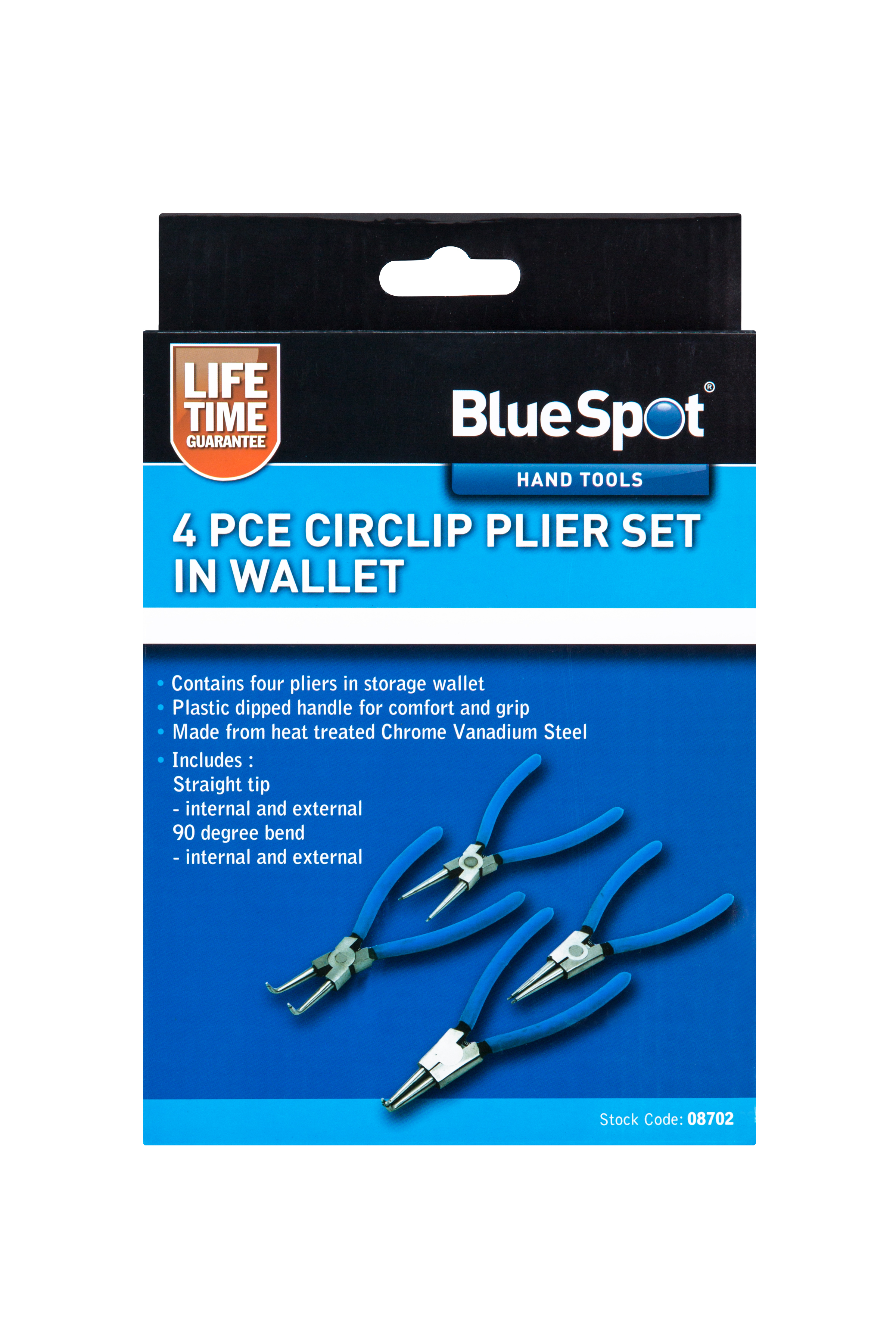 BlueSpot 4pc Circlip Pliers Straight 90° Int Ext Carbon Steel Wallet