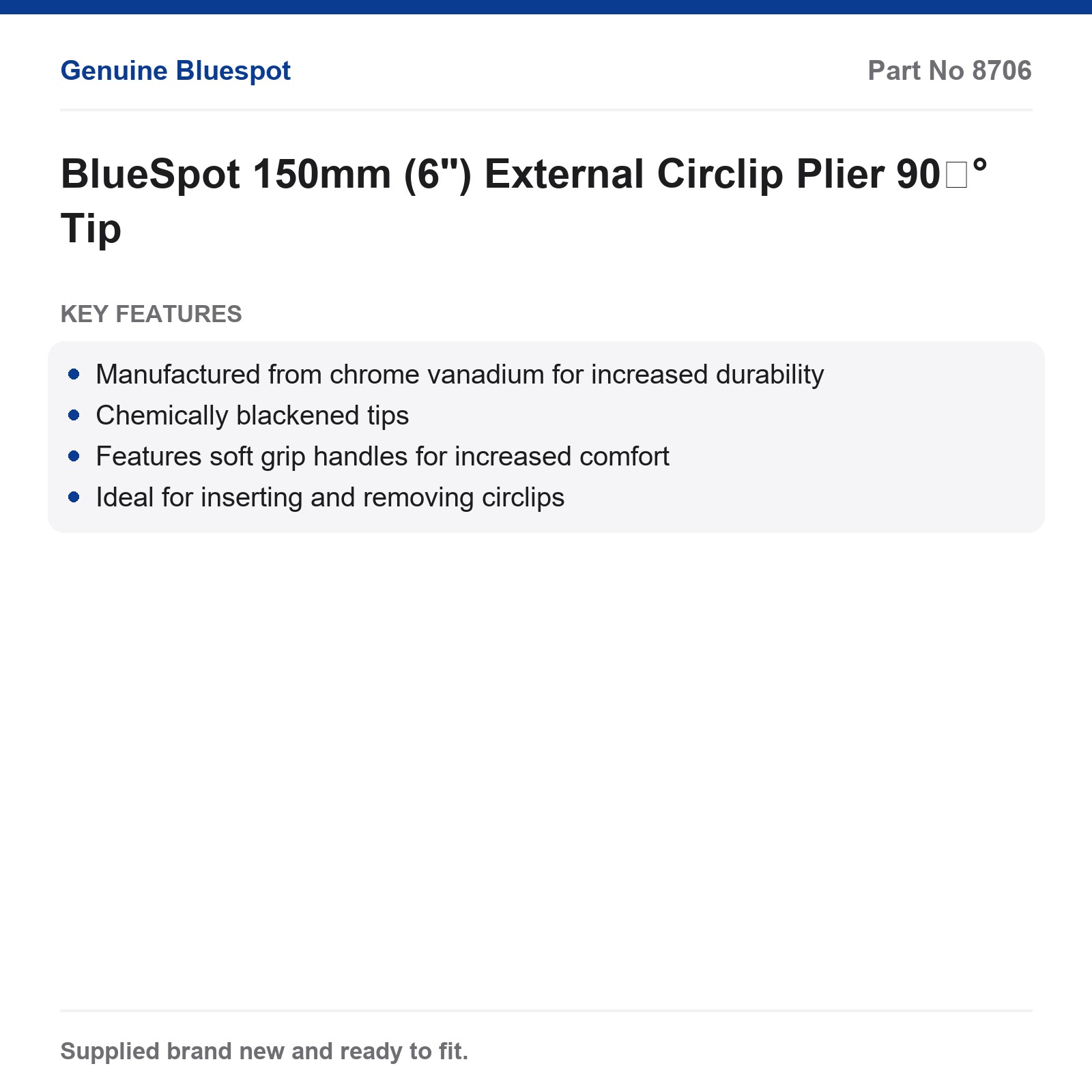 BlueSpot 150mm (6") External Circlip Plier 90° Tip - Image 3