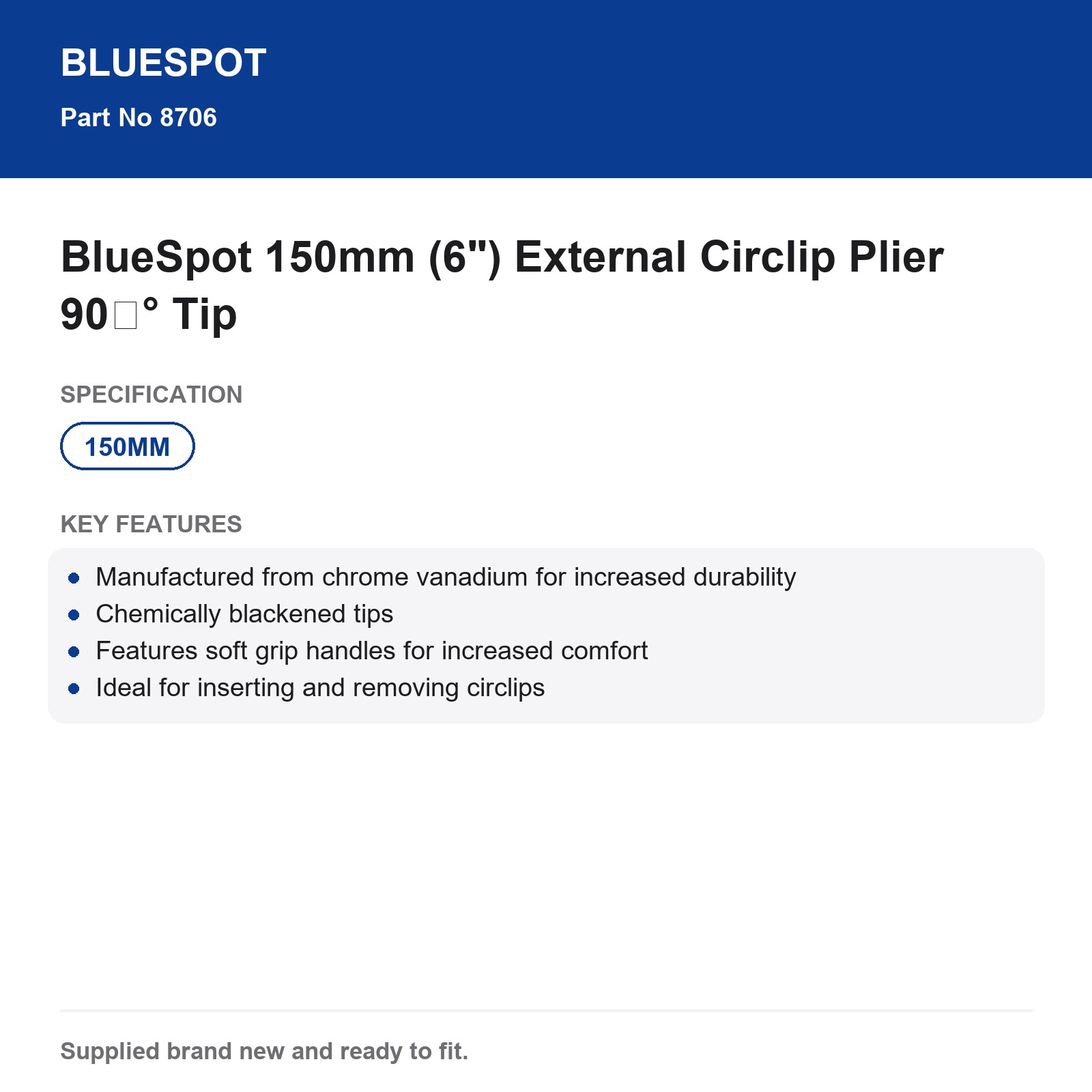 BlueSpot 150mm (6") External Circlip Plier 90° Tip - Image 4