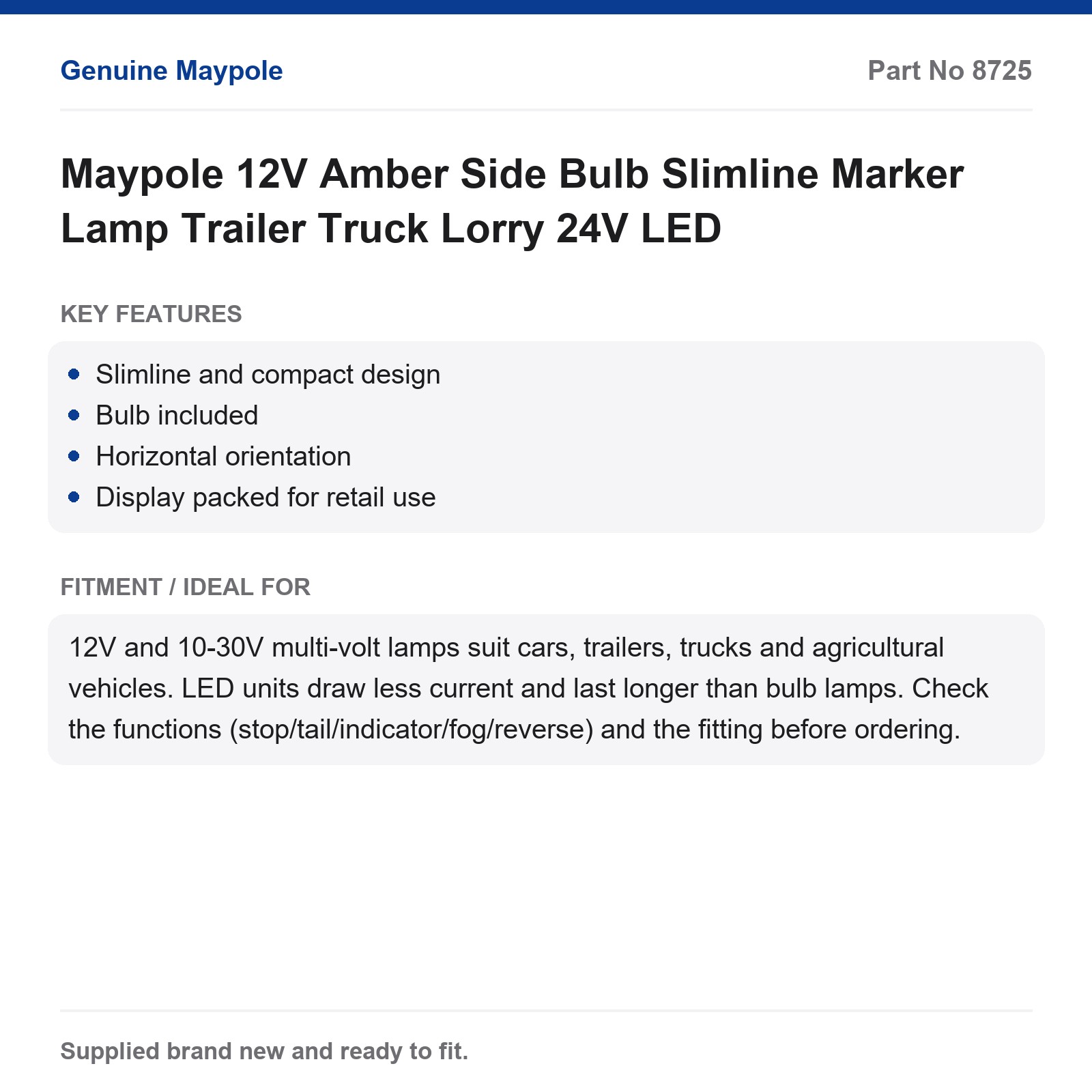 Maypole 12V 24V Amber Slimline Side Marker Lamp Trailer Truck Lorry LED - Image 5