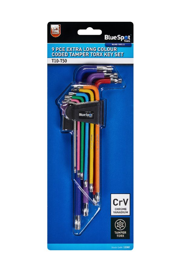 BlueSpot 9pc Extra Long Colour Coded Tamper Torx Key Set T10-T50