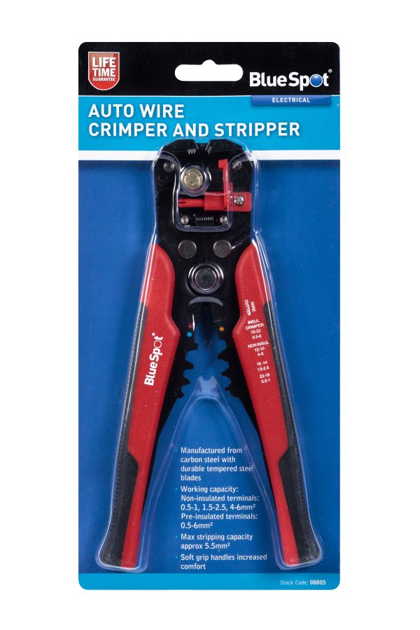 Bluespot Auto Wire Crimper Stripper Flat Round 0.5-6mm² Carbon Steel Soft Grip