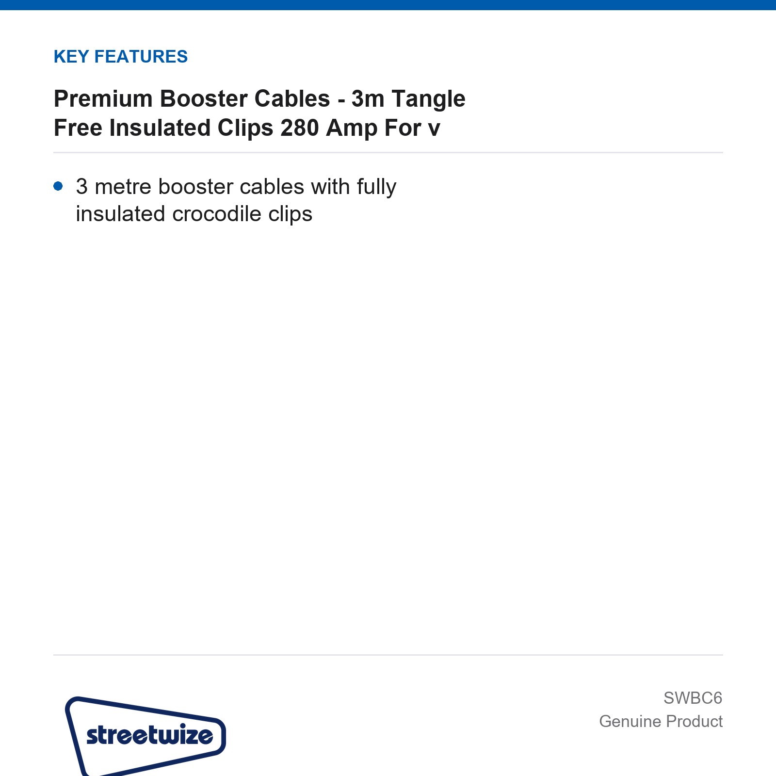 Streetwize Booster Cables 3m Tangle Free Insulated Clips 280 Amp - Image 3