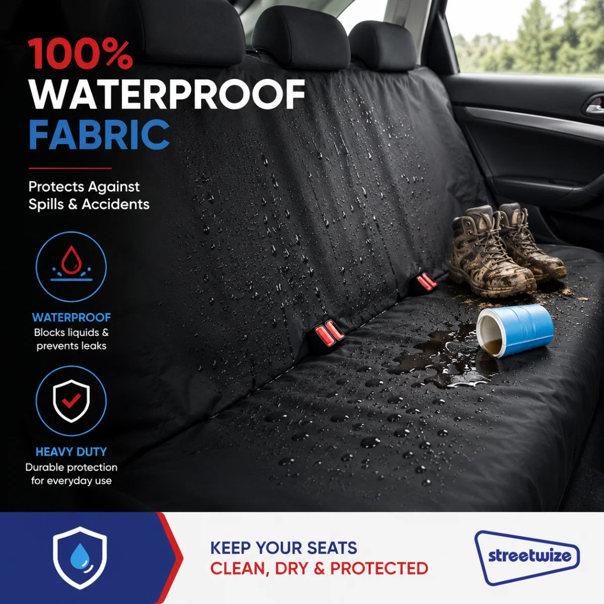 Streetwize Waterproof Single Rear Seat Cover Heavy Duty Black Car Van Universal - Image 2