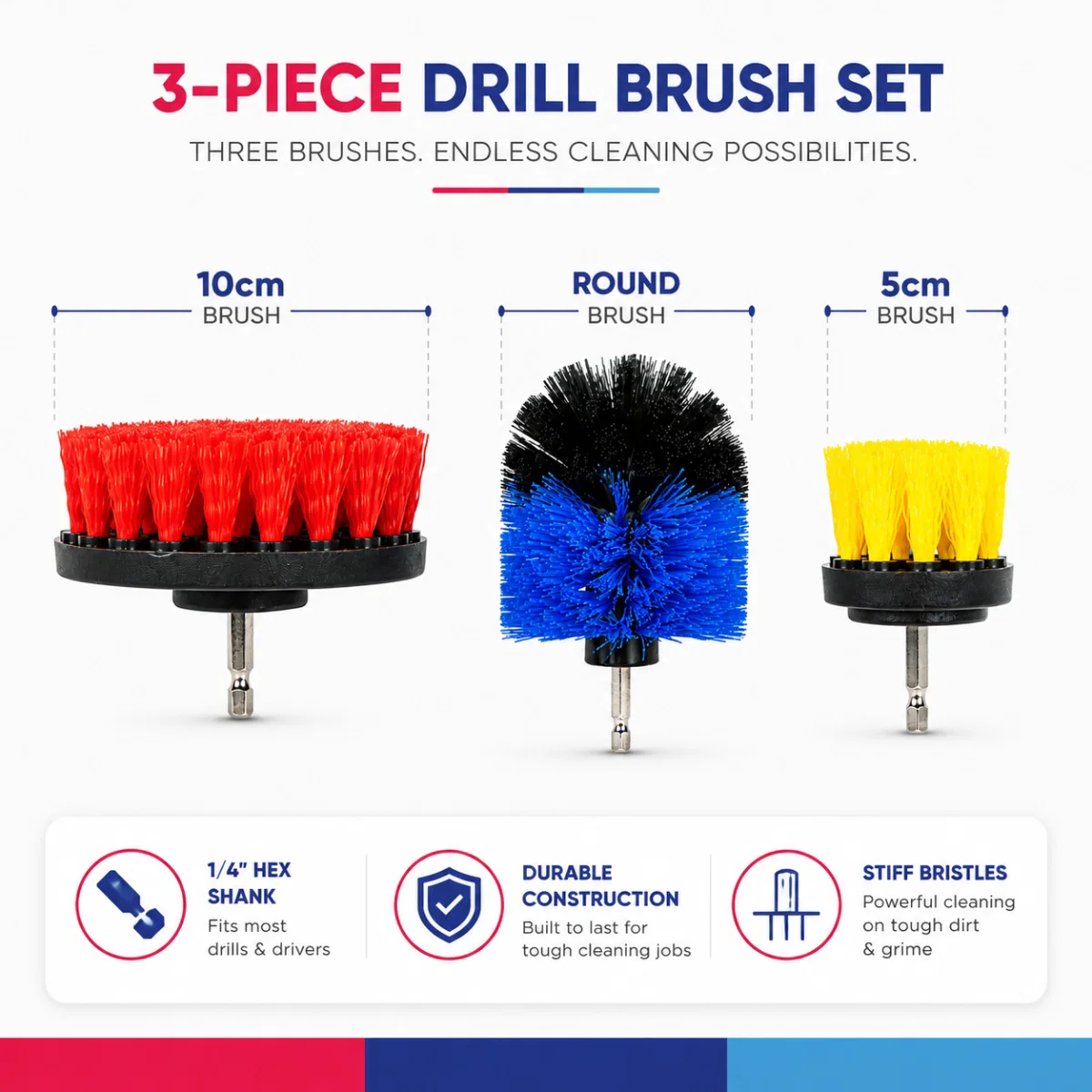 Streetwize 3 Piece Drill Brush Head Set Car Van Caravan Cleaning