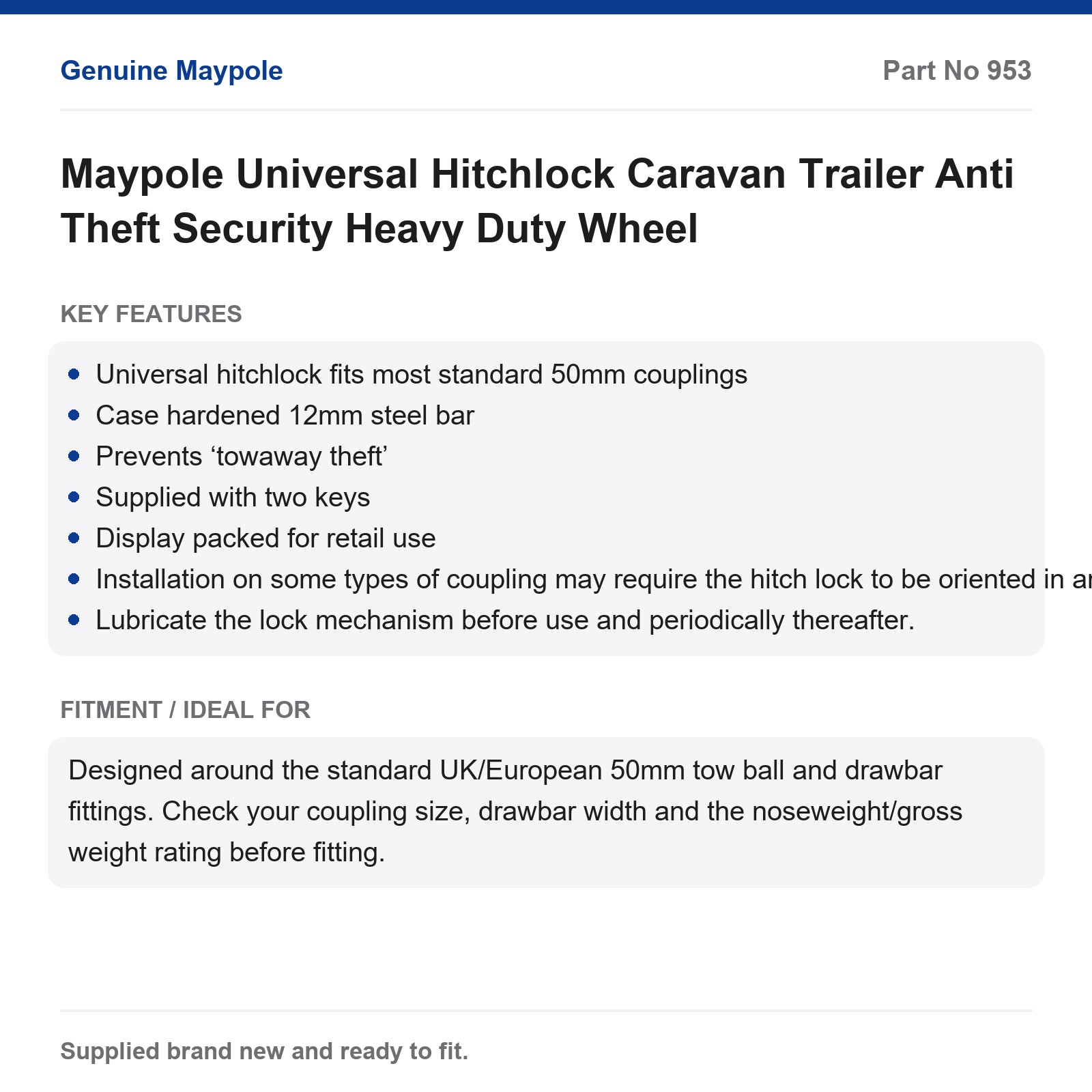 Maypole Universal Hitchlock Caravan Trailer Anti Theft Heavy Duty 50mm - Image 5