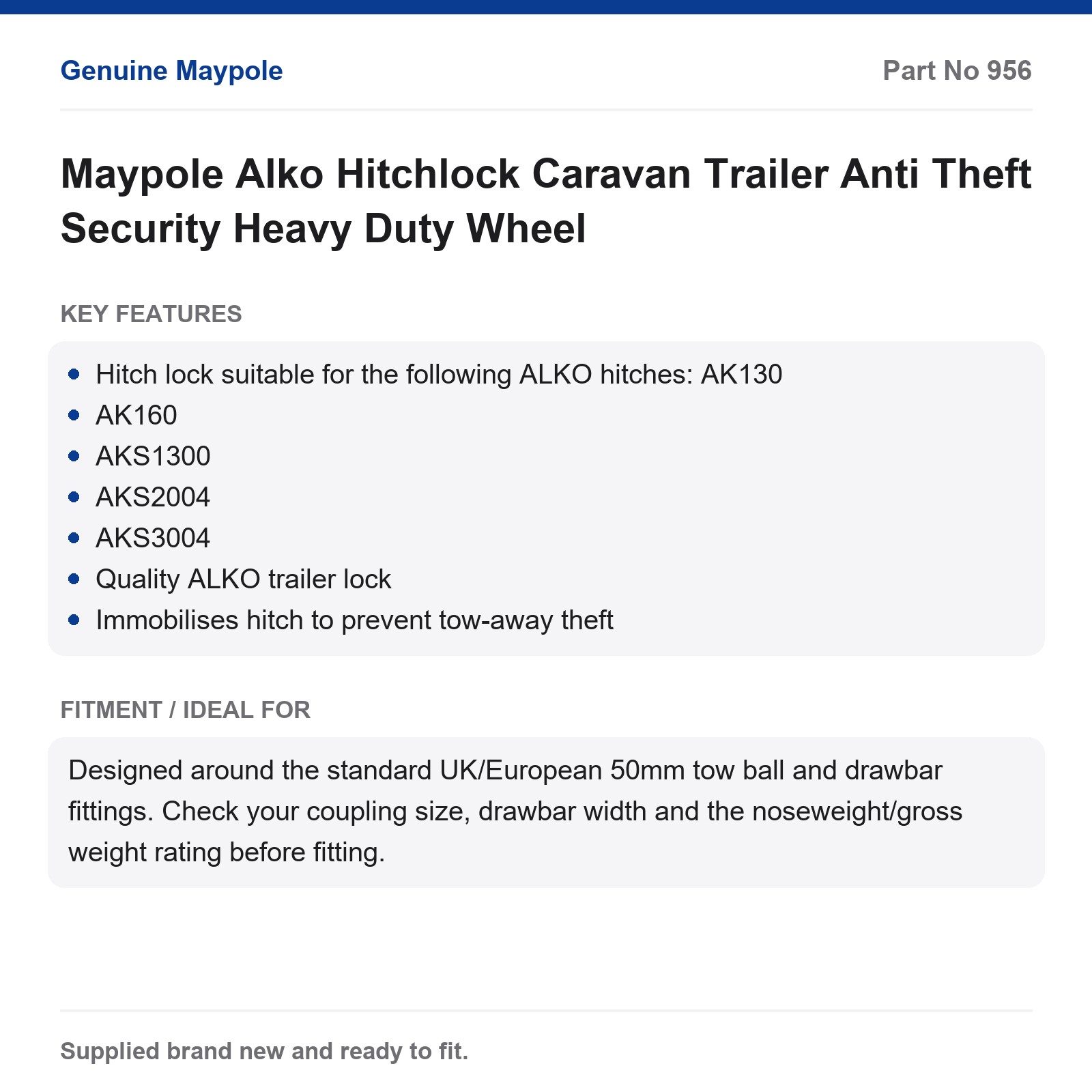 Maypole Alko Hitchlock Caravan Trailer Anti Theft Heavy Duty Security - Image 5