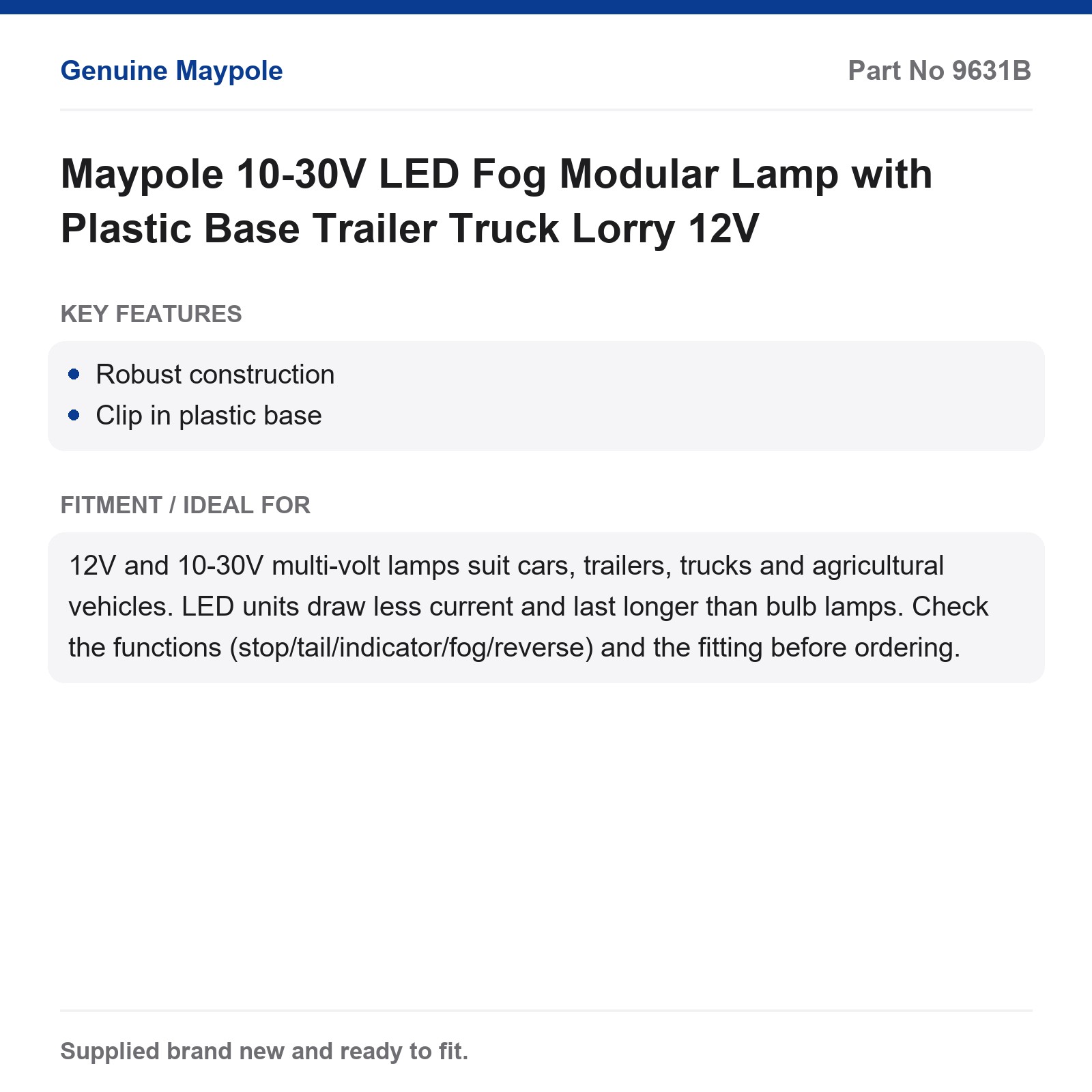 Maypole LED Fog Lamp 10-30V Modular Plastic Base Trailer Truck Lamp - Image 4