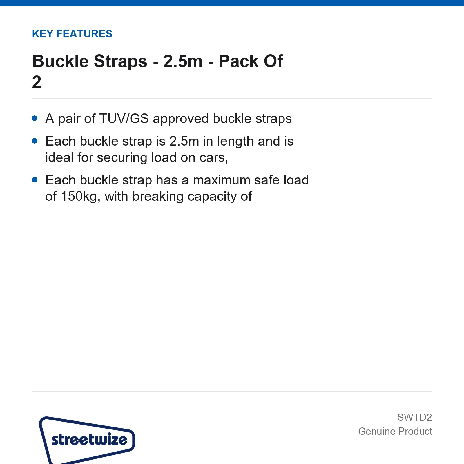 Streetwize Tie Down Straps 2.5m Pack Of 2 Car Van Roof Boot Heavy Duty - Image 4