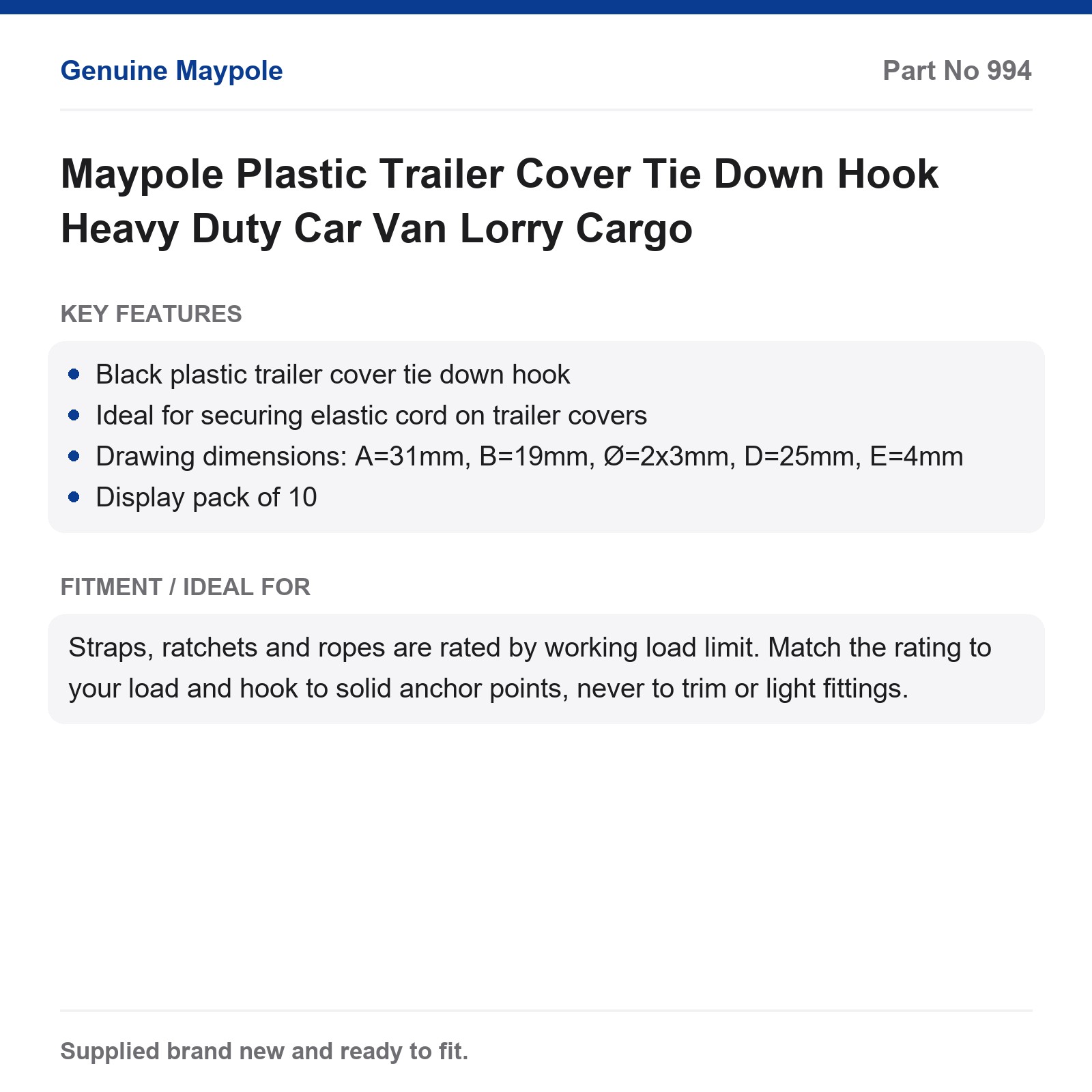 Maypole Plastic Trailer Cover Tie Down Hook Heavy Duty - Image 5