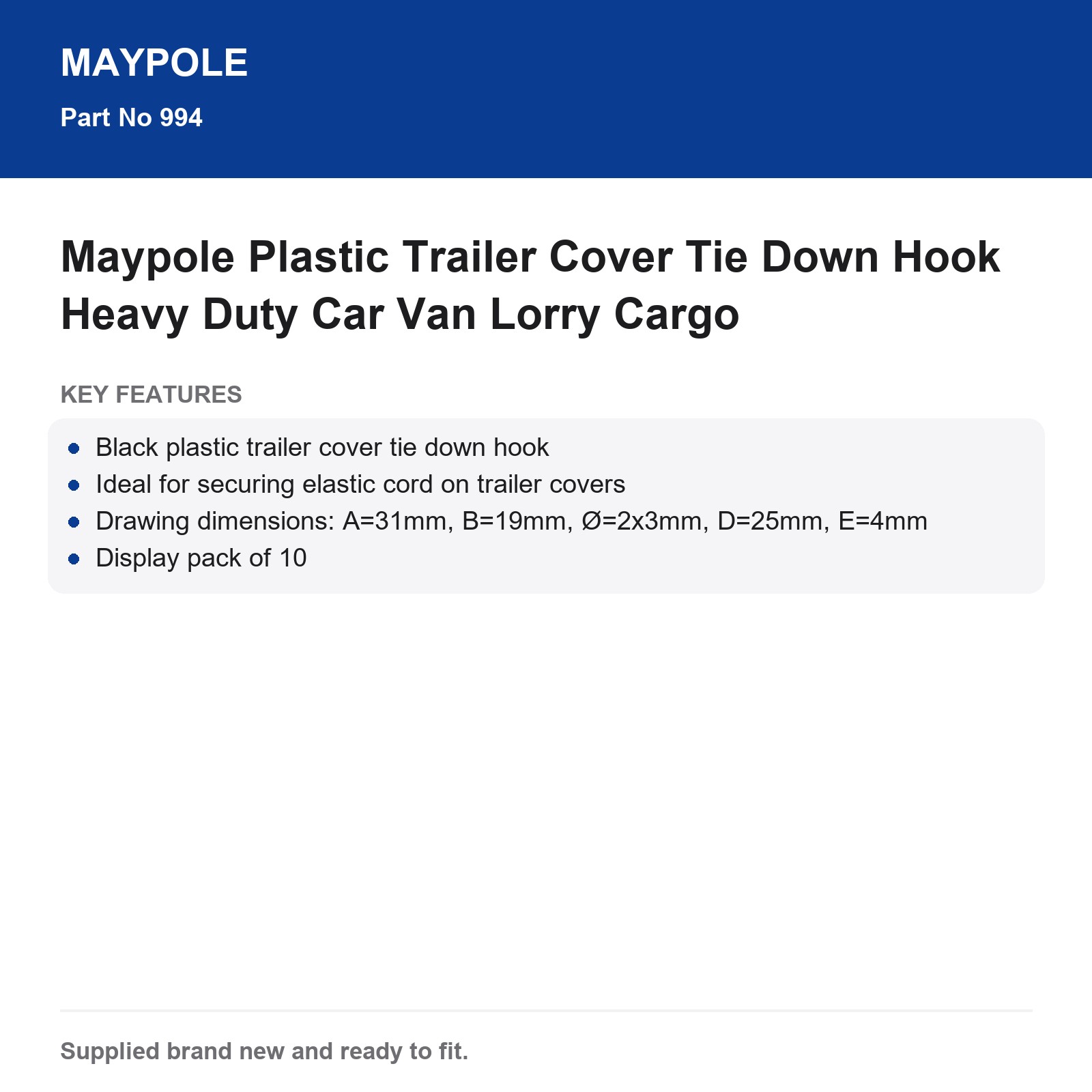 Maypole Plastic Trailer Cover Tie Down Hook Heavy Duty - Image 6