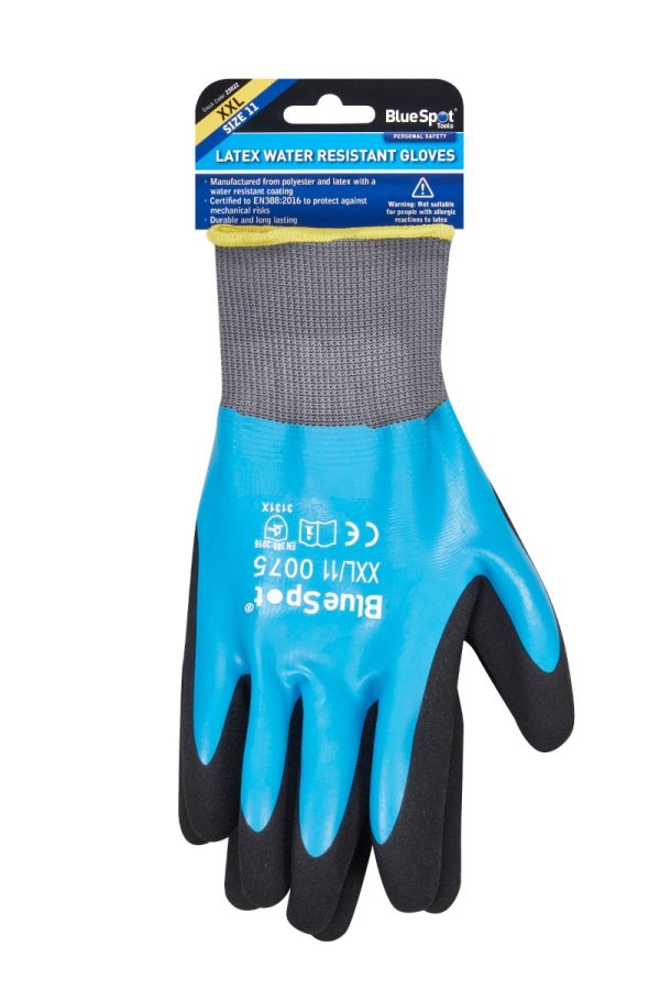 Bluespot Water Resistant Gloves XXL Size 11 Polyester Latex EN388