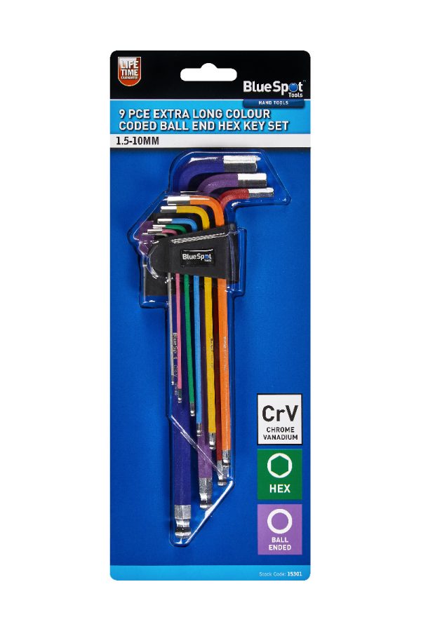 BlueSpot 9pc Extra Long Ball End Colour Coded Hex Key Set 1.5-10mm