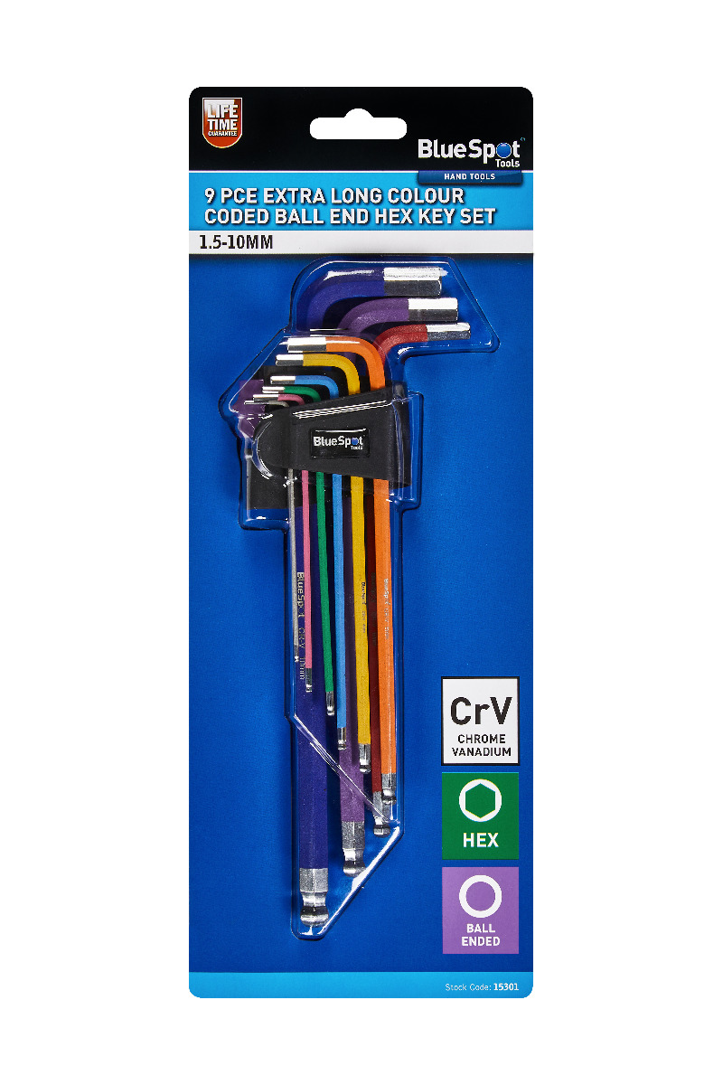 BlueSpot 9pc Extra Long Ball End Colour Coded Hex Key Set 1.5-10mm