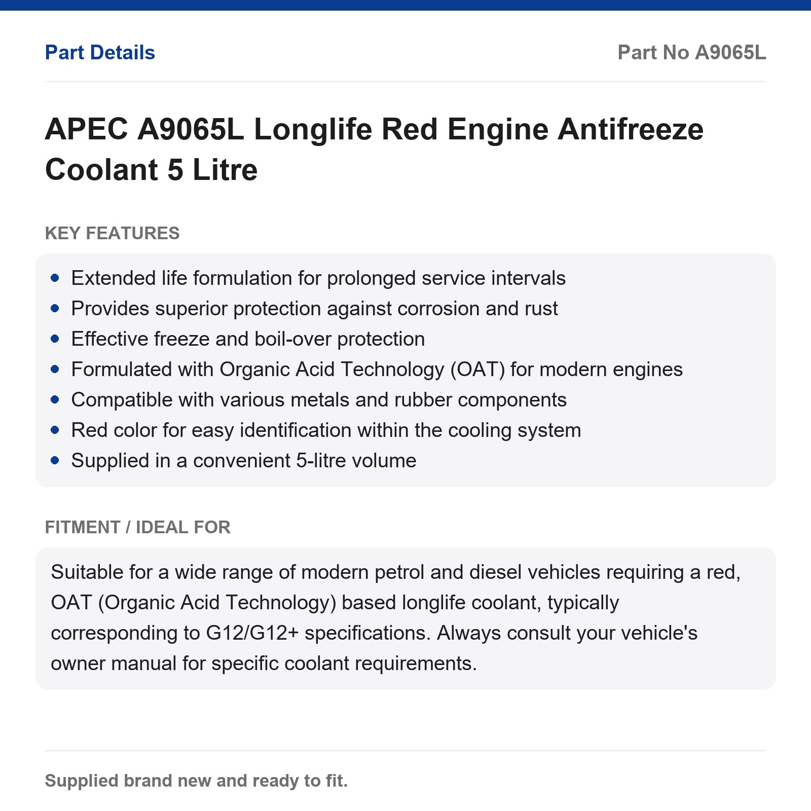 APEC A9065L Longlife Red Engine Antifreeze Coolant 5 Litre - Image 2