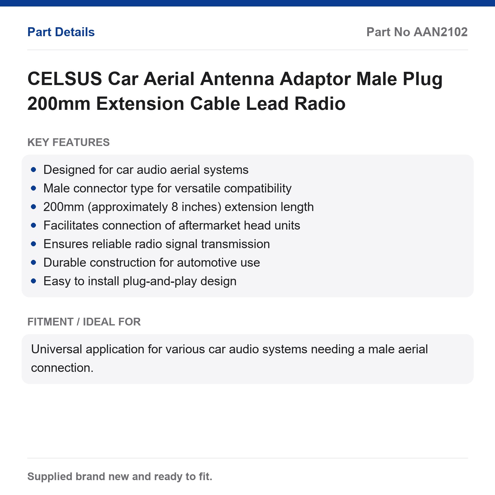 CELSUS Car Aerial Antenna Adaptor Male Plug 200mm Extension Cable Lead Radio - Image 3