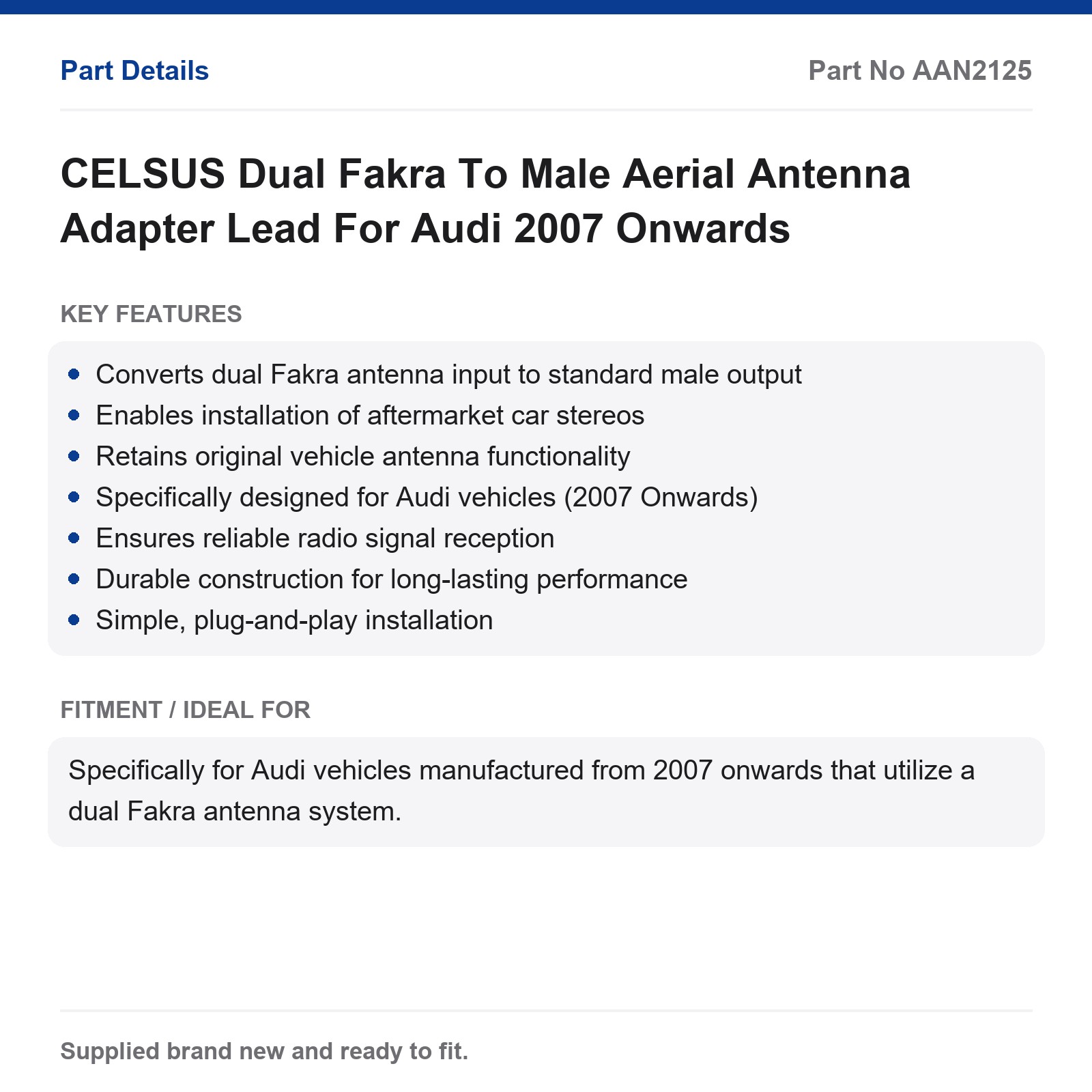 CELSUS Dual Fakra To Male Aerial Antenna Adapter Lead For Audi 2007 Onwards - Image 3