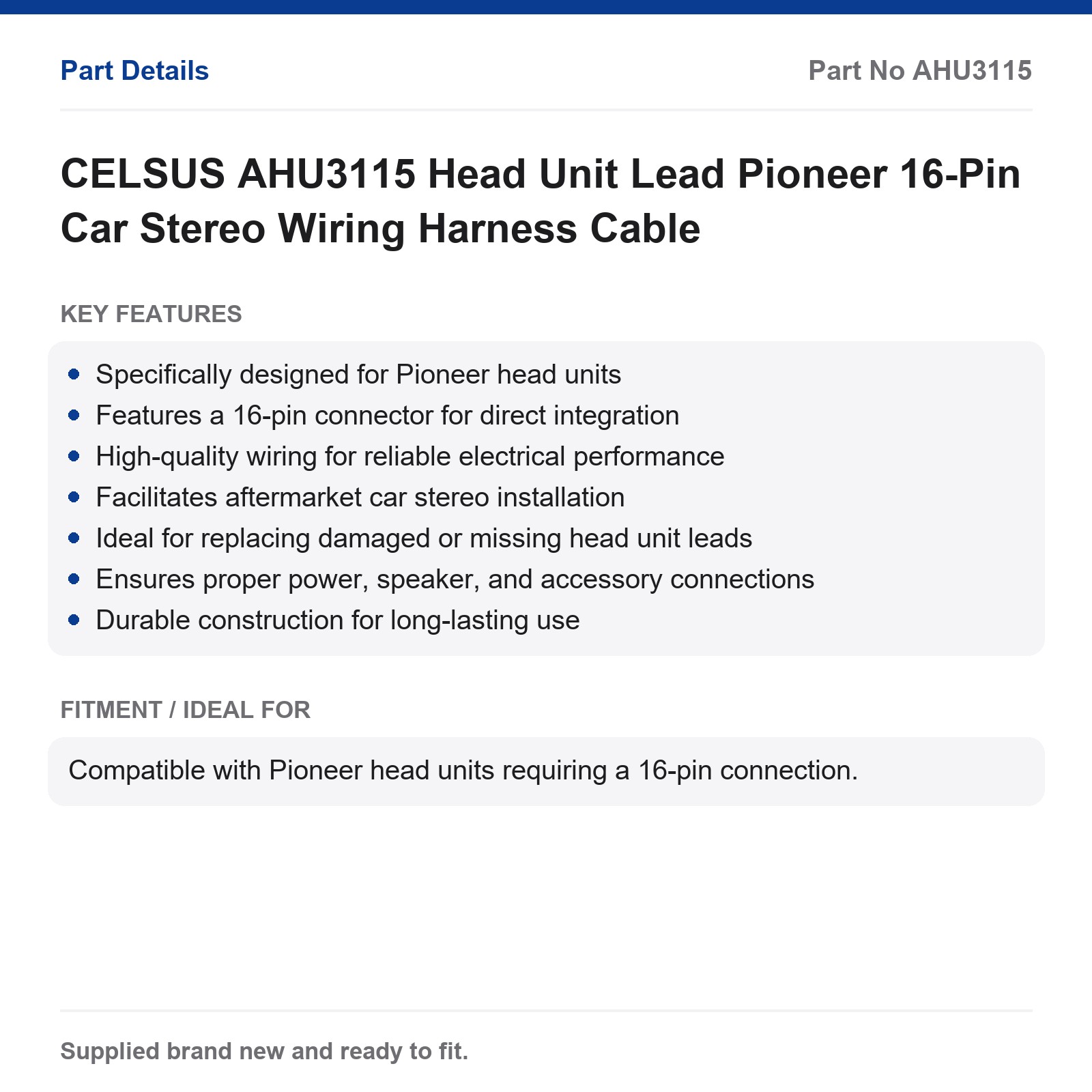 Pioneer 16-Pin Car Stereo Wiring Harness CELSUS AHU3115 Head Unit Lead - Image 2