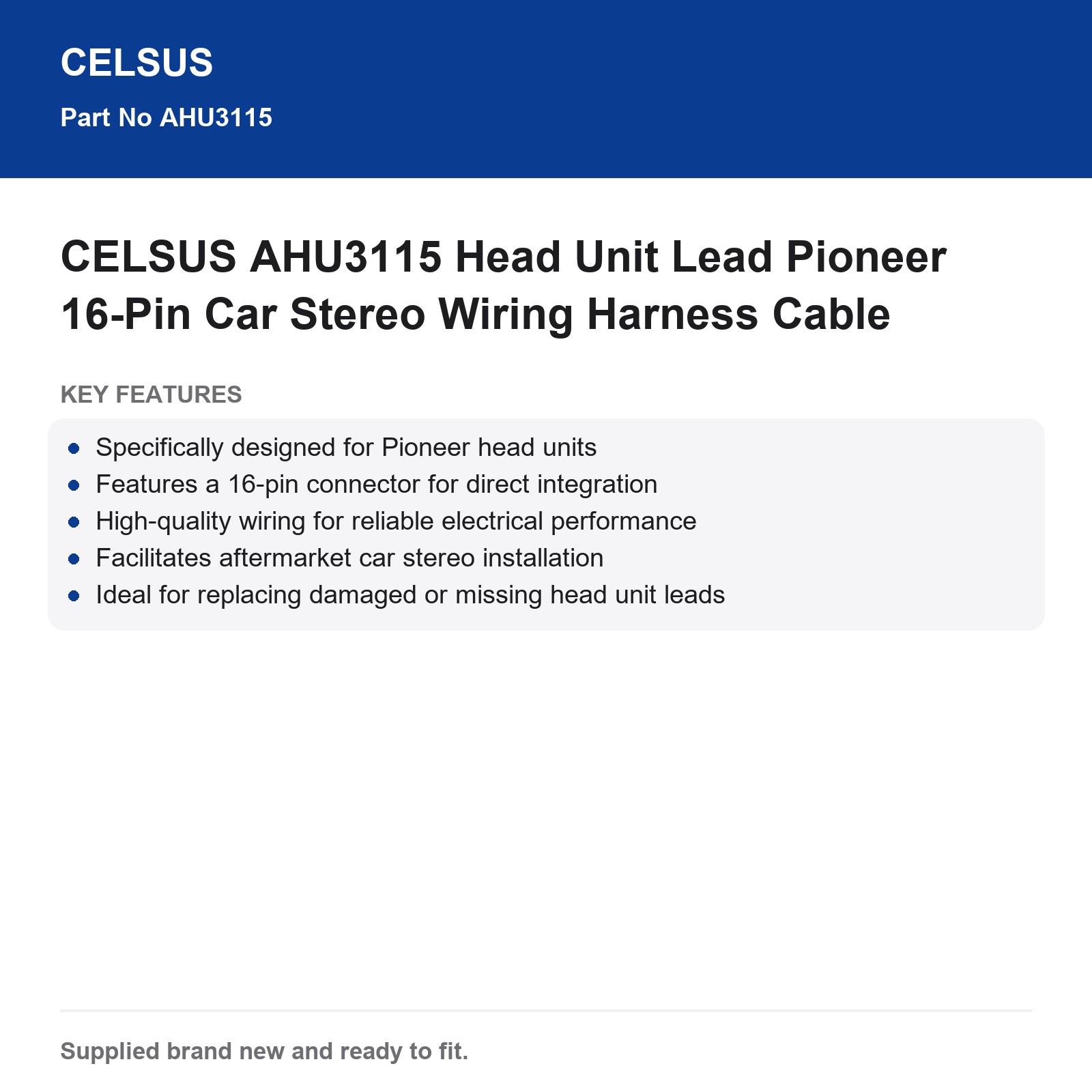 Pioneer 16-Pin Car Stereo Wiring Harness CELSUS AHU3115 Head Unit Lead - Image 3