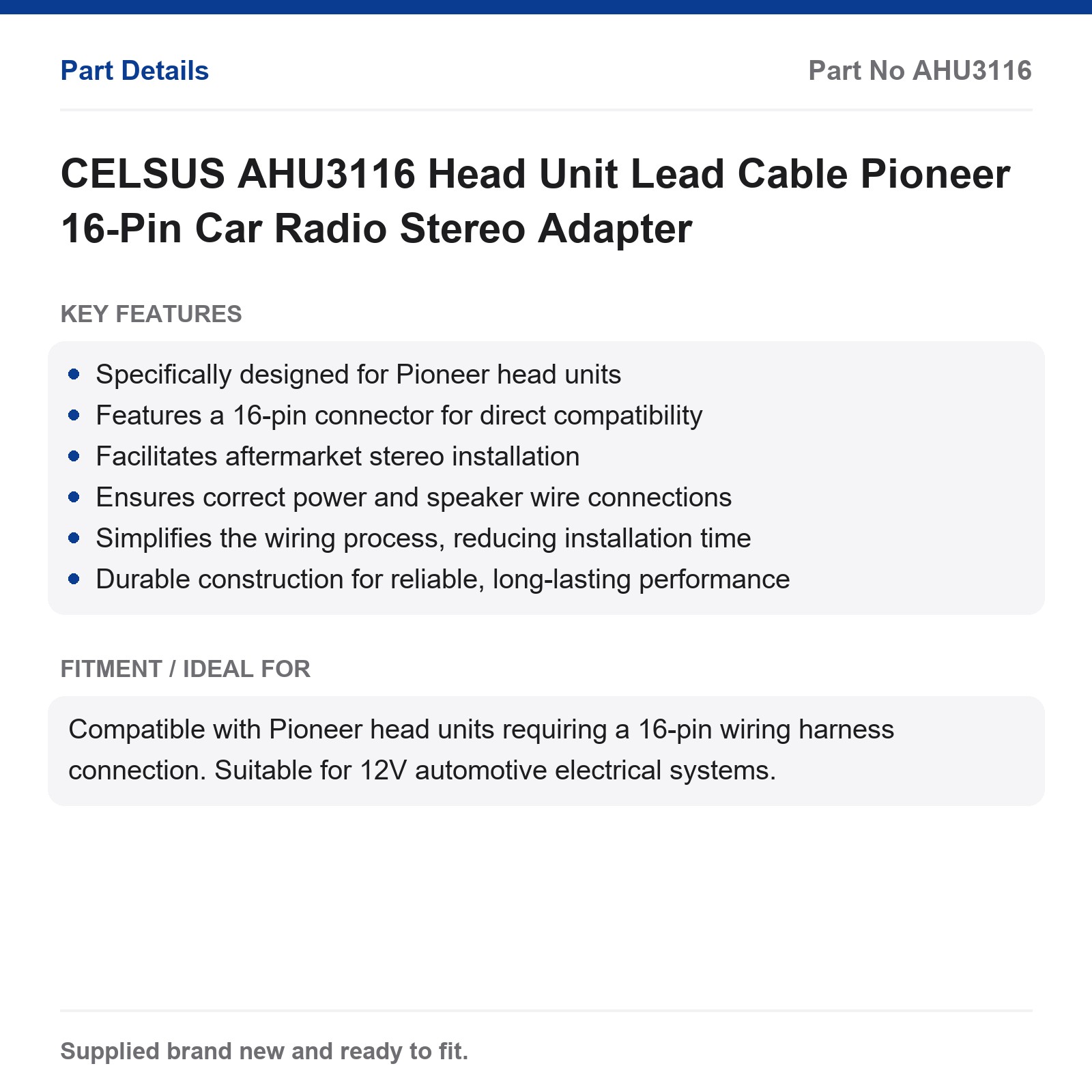 CELSUS AHU3116 Pioneer 16-Pin Head Unit Car Radio Stereo Adapter Lead - Image 2