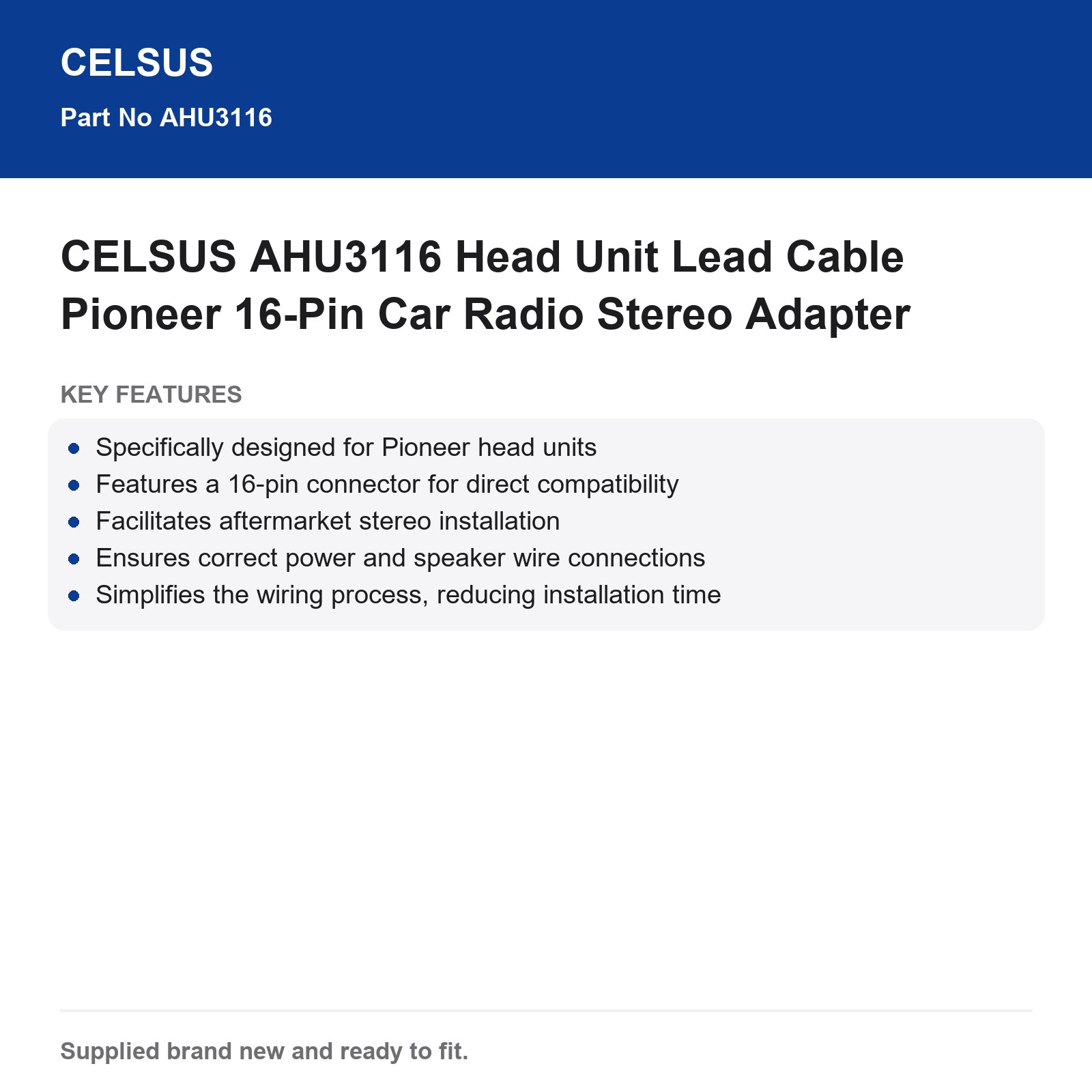 CELSUS AHU3116 Pioneer 16-Pin Head Unit Car Radio Stereo Adapter Lead - Image 3