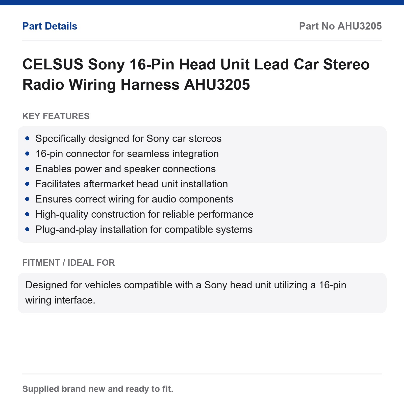 Sony 16-Pin Car Stereo Head Unit Wiring Harness CELSUS AHU3205 - Image 3
