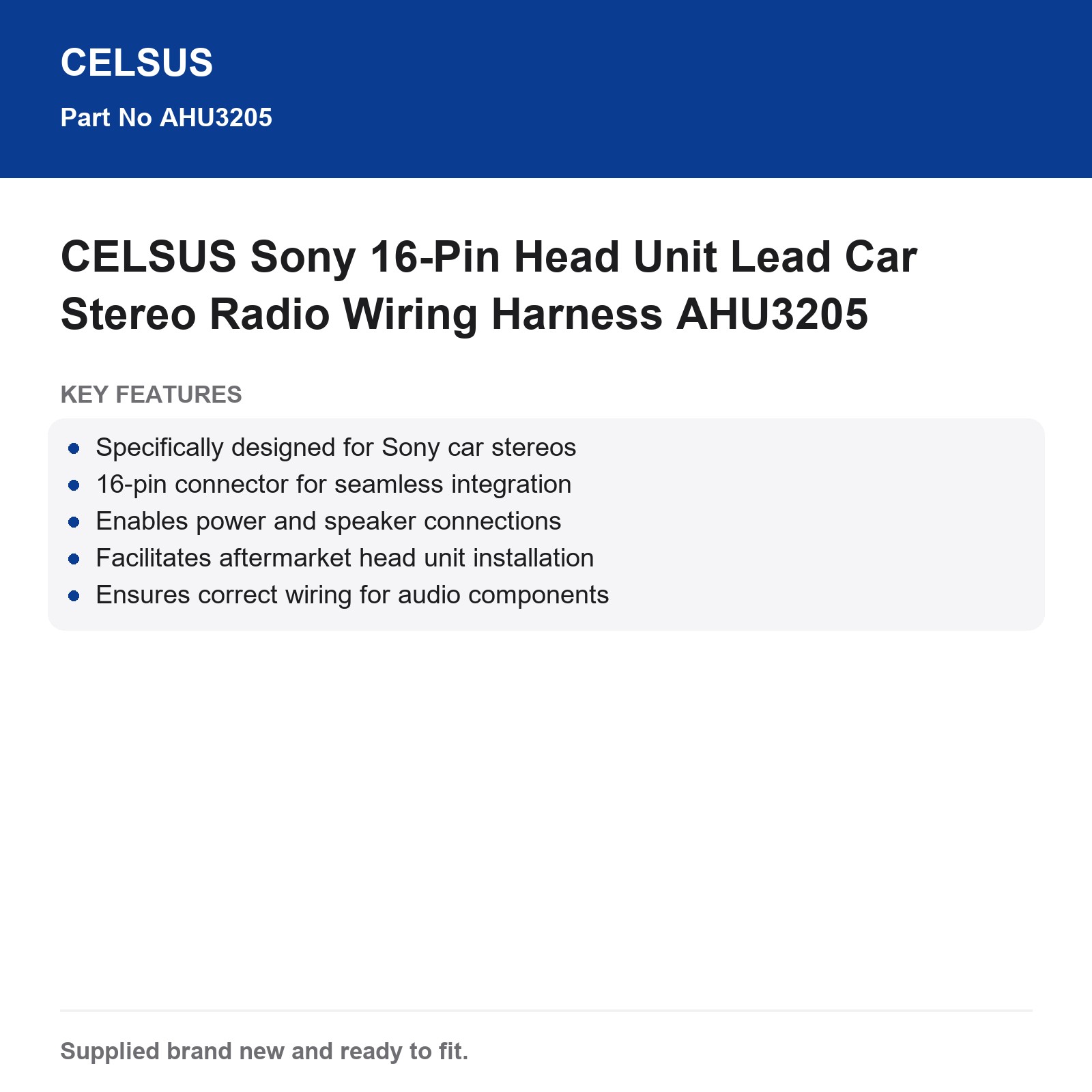Sony 16-Pin Car Stereo Head Unit Wiring Harness CELSUS AHU3205 - Image 4