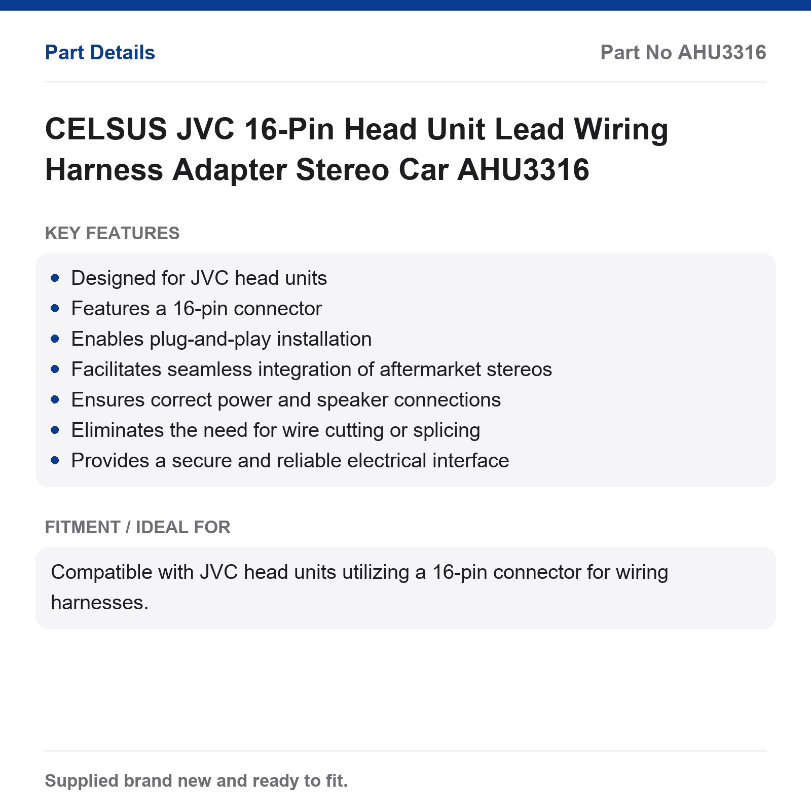 CELSUS AHU3316 JVC 16-Pin Wiring Harness Adapter Stereo Car - Image 2