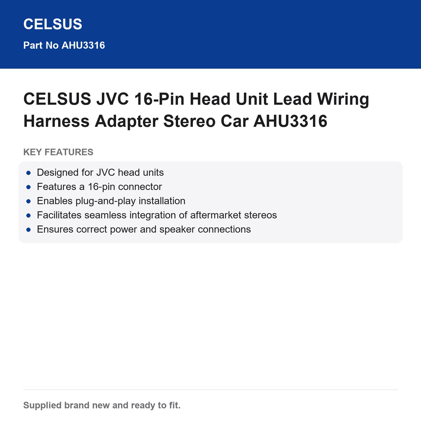 CELSUS AHU3316 JVC 16-Pin Wiring Harness Adapter Stereo Car - Image 3