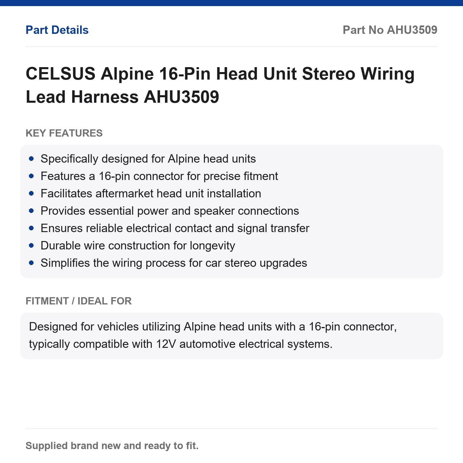 Alpine 16-Pin Head Unit Stereo Wiring Harness Lead CELSUS AHU3509 - Image 2