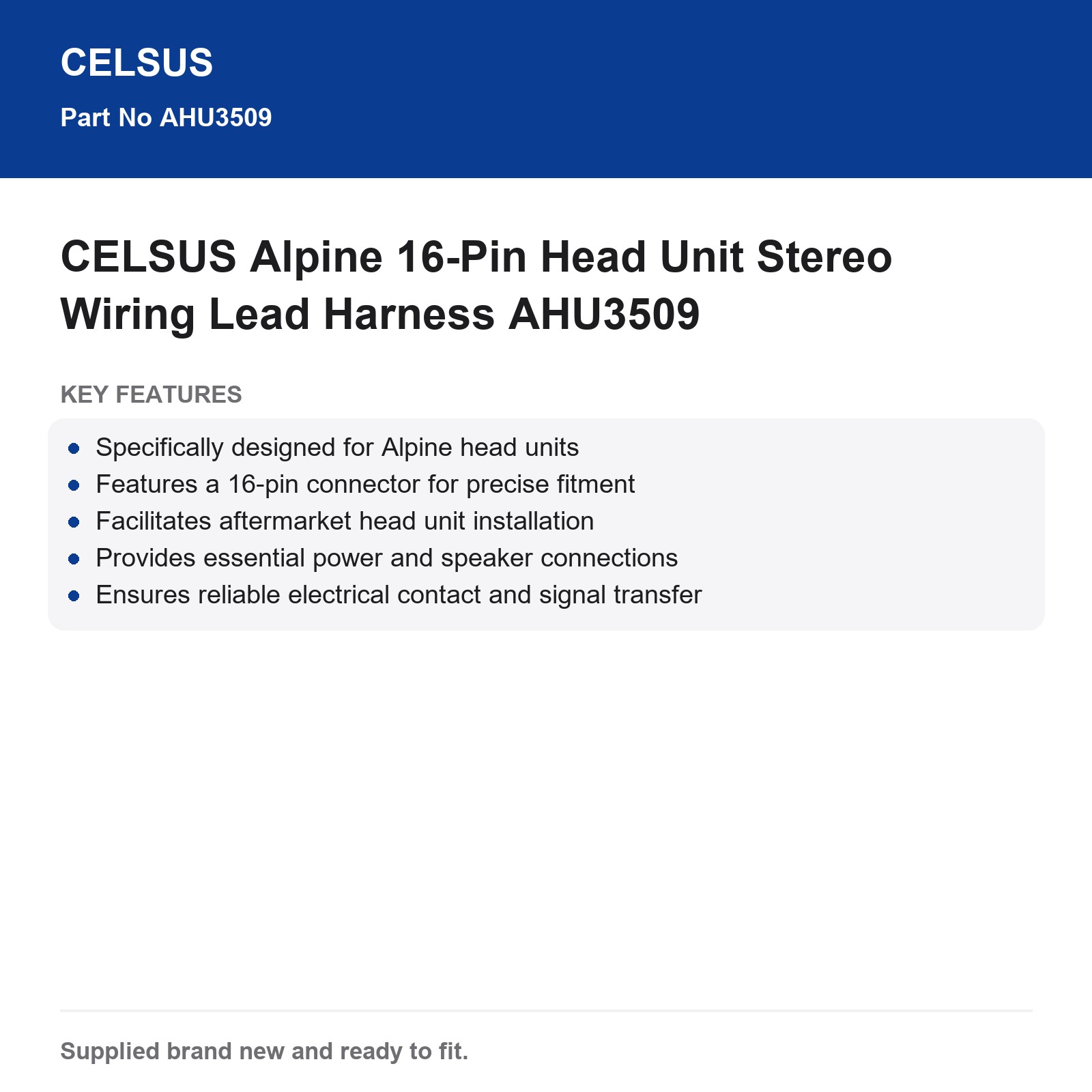 Alpine 16-Pin Head Unit Stereo Wiring Harness Lead CELSUS AHU3509 - Image 3