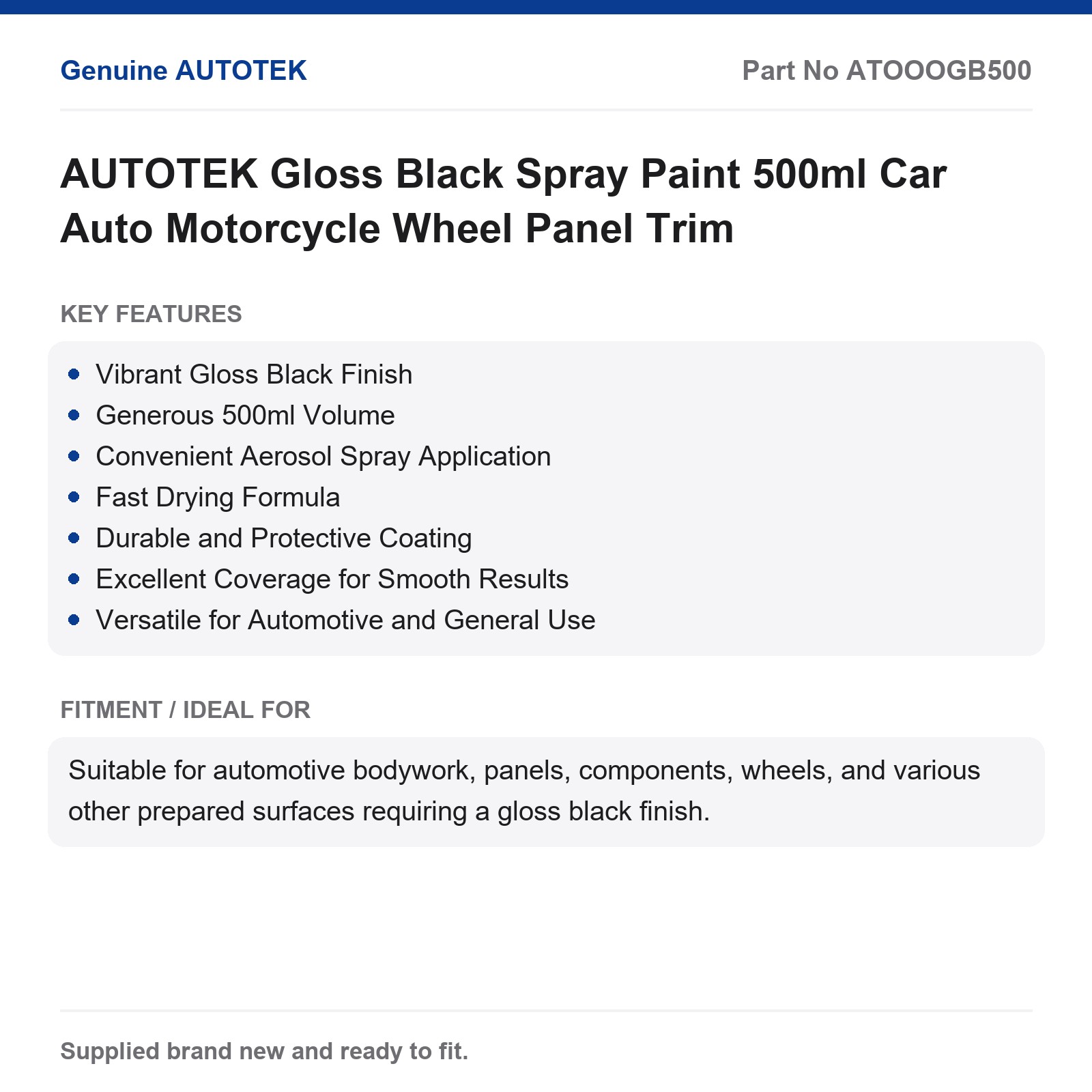AUTOTEK Gloss Black Spray Paint 500ml Car Motorcycle Wheel Panel Trim - Image 2