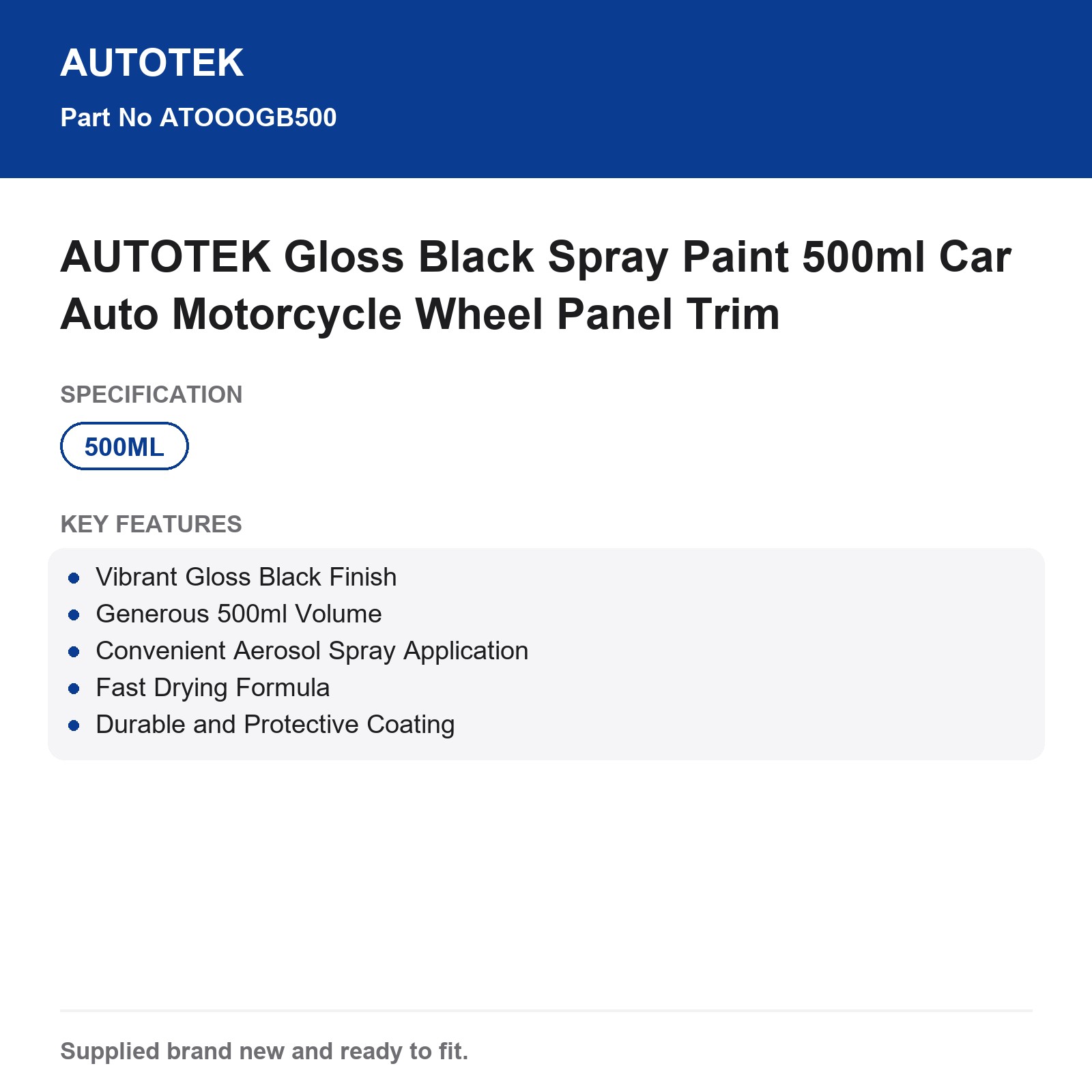 AUTOTEK Gloss Black Spray Paint 500ml Car Motorcycle Wheel Panel Trim - Image 3