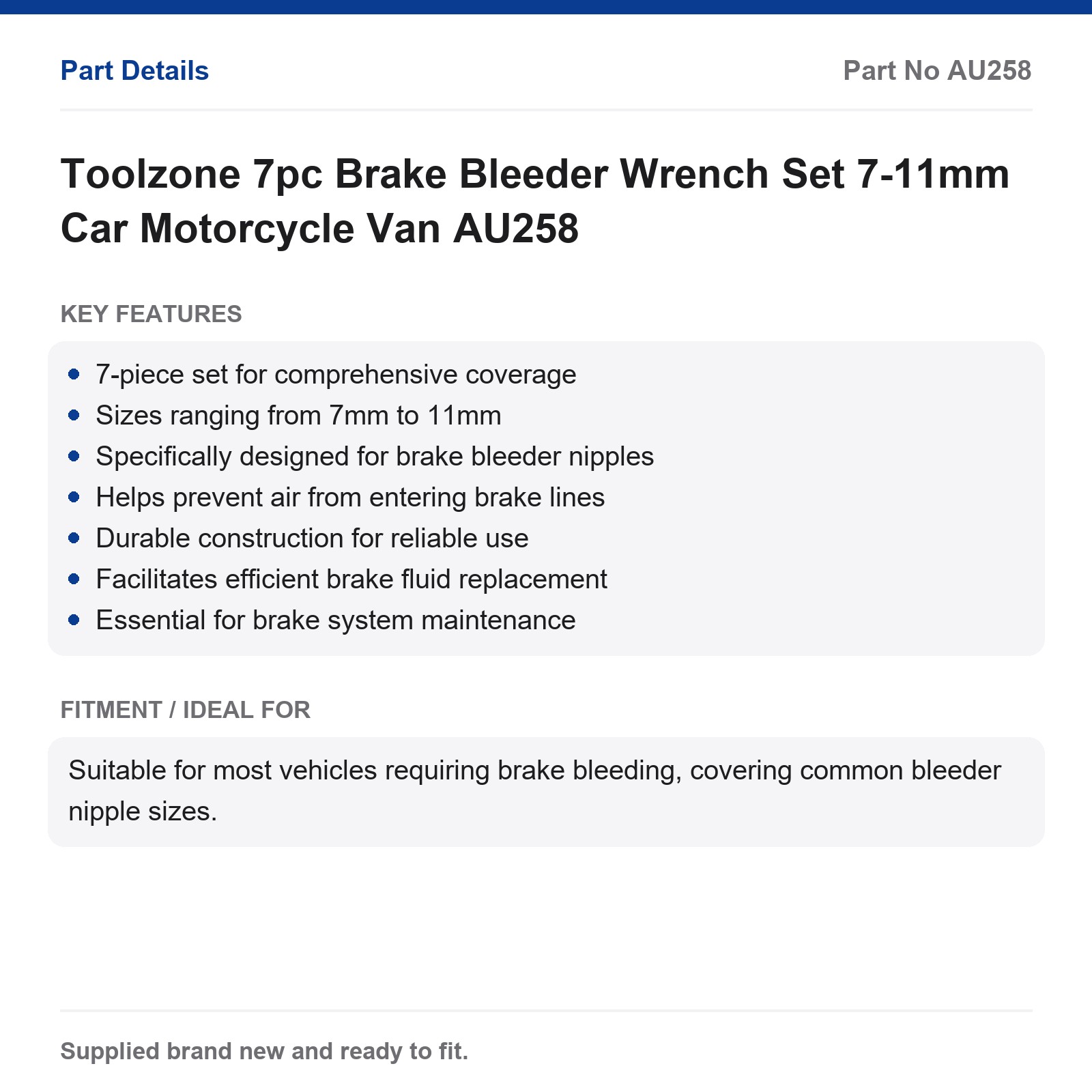 Toolzone AU349 7pc Brake Bleeder Wrench Set 7-12mm - Image 2