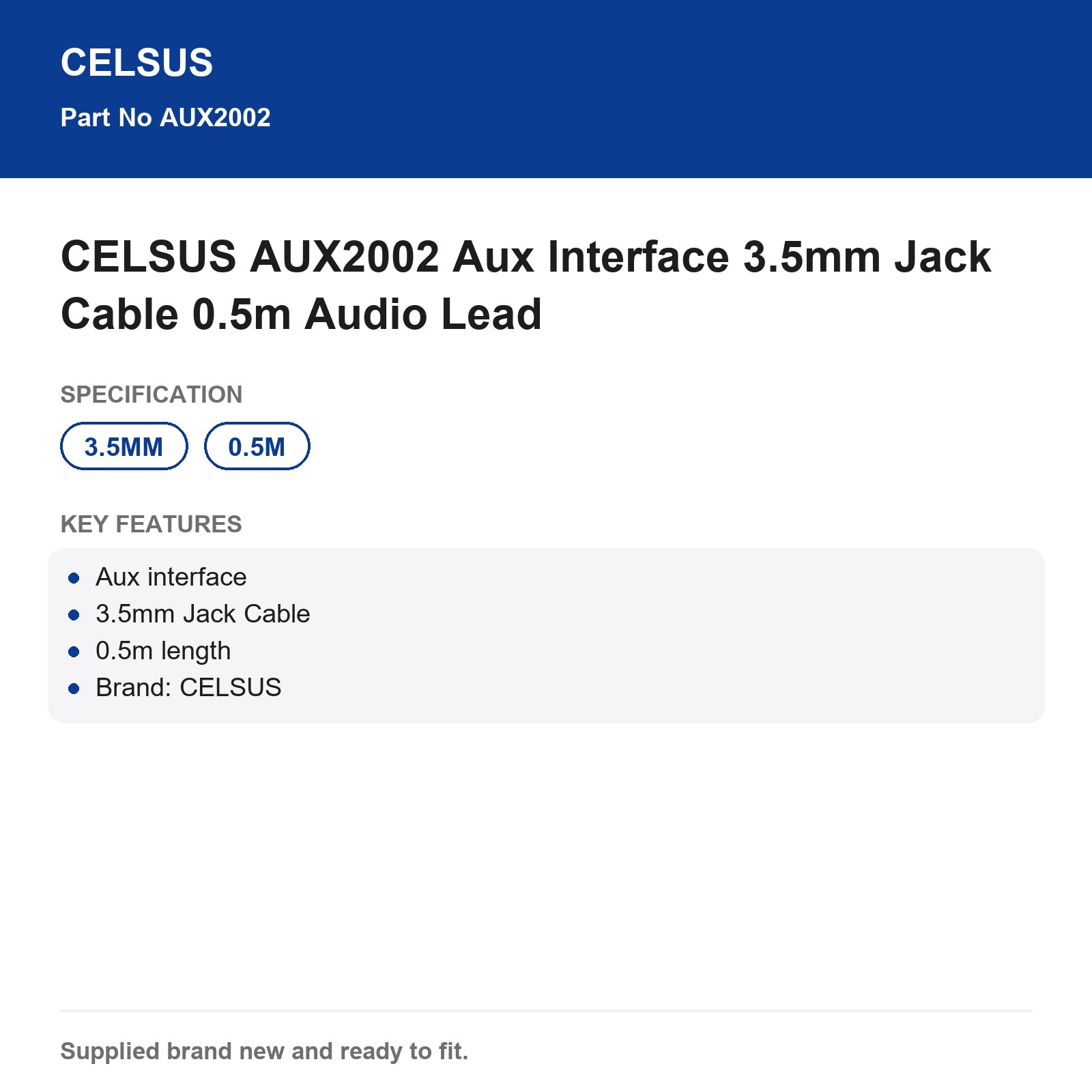 CELSUS AUX2002 Aux Interface 3.5mm Jack Cable 0.5m Audio Lead - Image 5