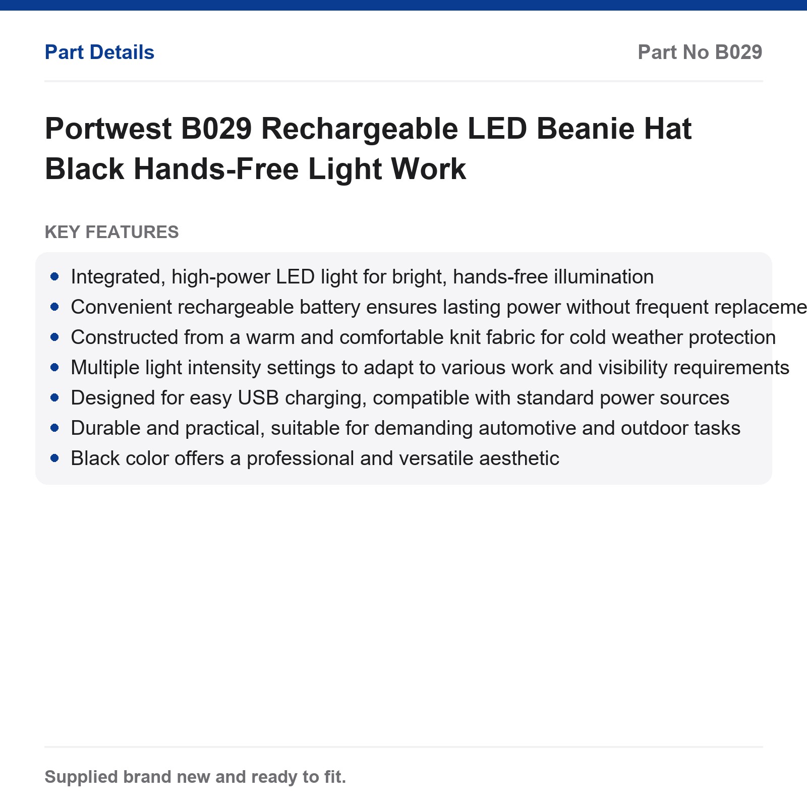 Portwest B029 Rechargeable LED Beanie Hat Black Hands-Free Work Light - Image 2