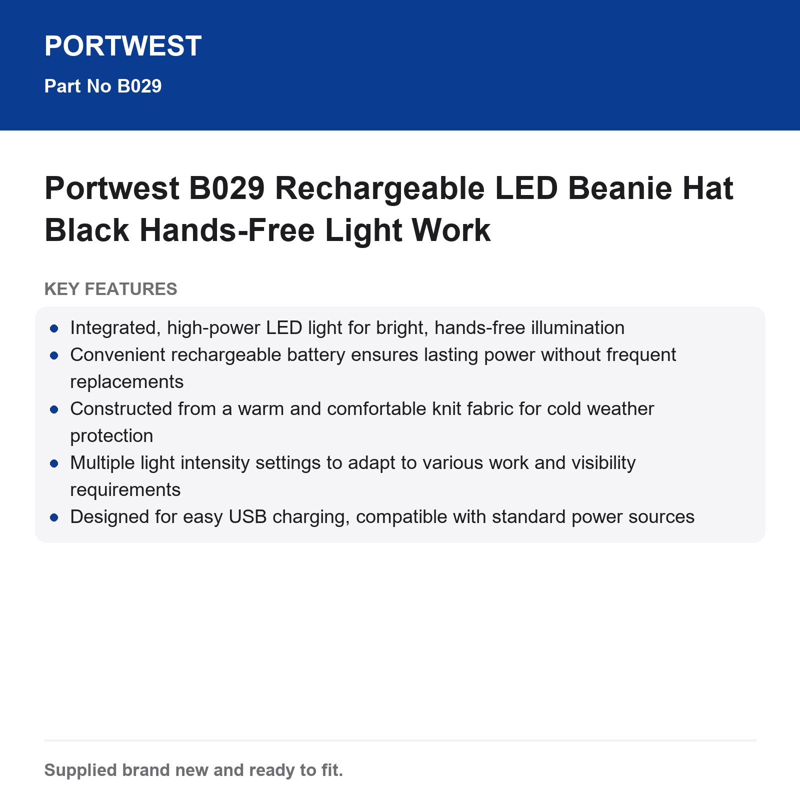 Portwest B029 Rechargeable LED Beanie Hat Black Hands-Free Work Light - Image 3