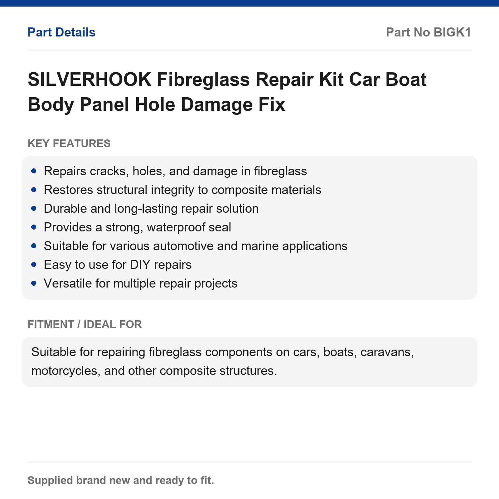 SILVERHOOK Fibreglass Repair Kit Car Boat Body Panel Cracks Holes Repair - Image 2
