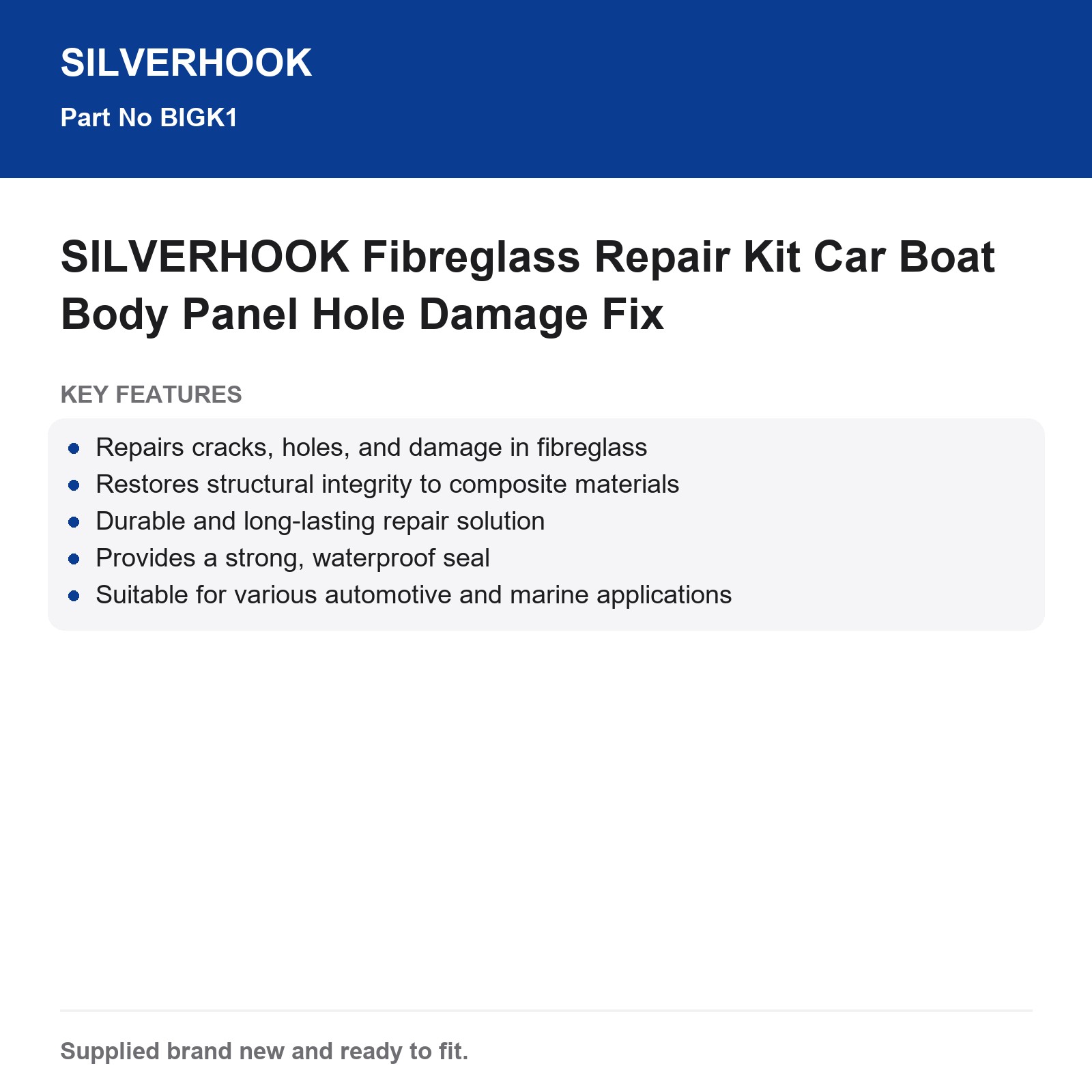 SILVERHOOK Fibreglass Repair Kit Car Boat Body Panel Cracks Holes Repair - Image 3