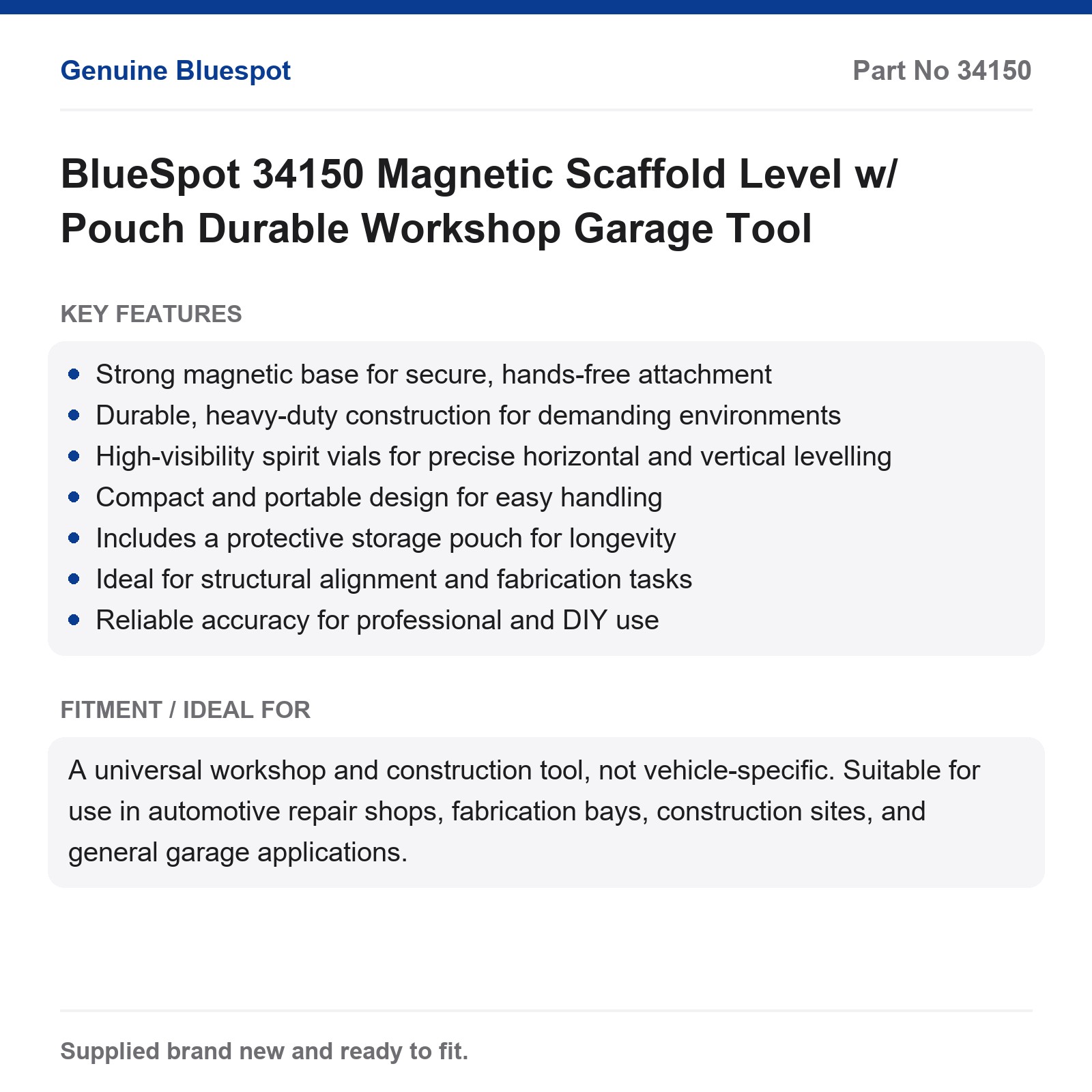 BlueSpot 34150 Magnetic Scaffold Level w/ Pouch Durable Workshop Garage Tool - Image 2