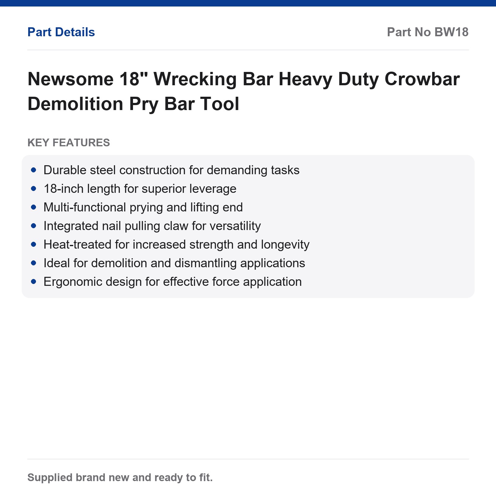 Newsome 18" Wrecking Bar Heavy Duty Crowbar Demolition Pry Bar Tool - Image 2