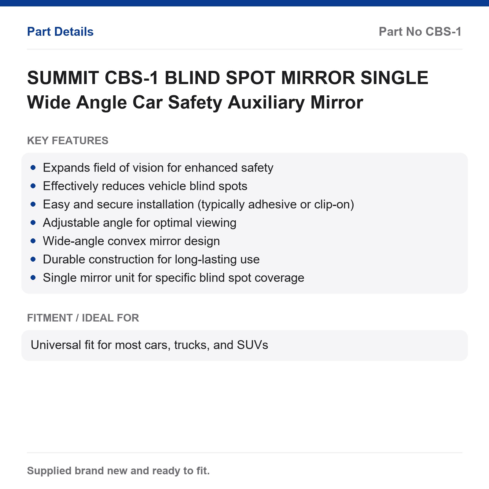 SUMMIT CBS-1 BLIND SPOT MIRROR SINGLE Wide Angle Car Safety Auxiliary Mirror - Image 2